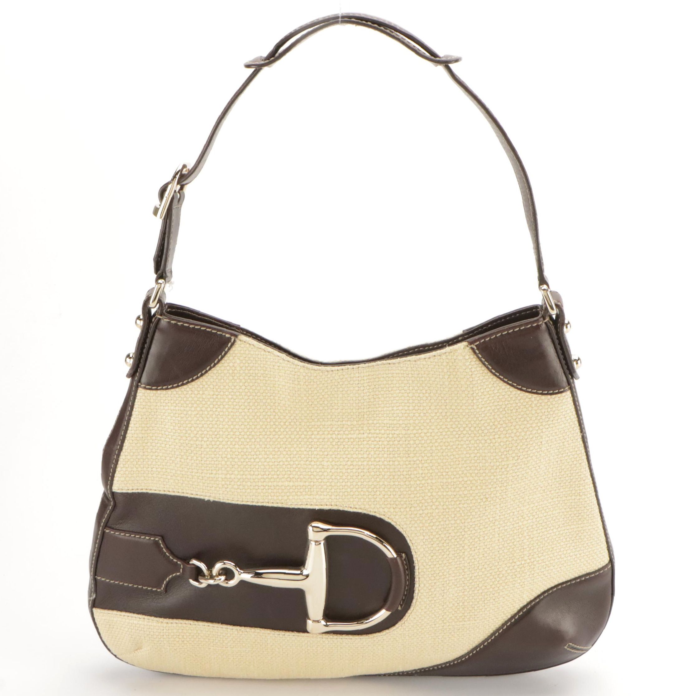 Gucci Horsebit Woven Canvas and Brown Leather Shoulder Bag