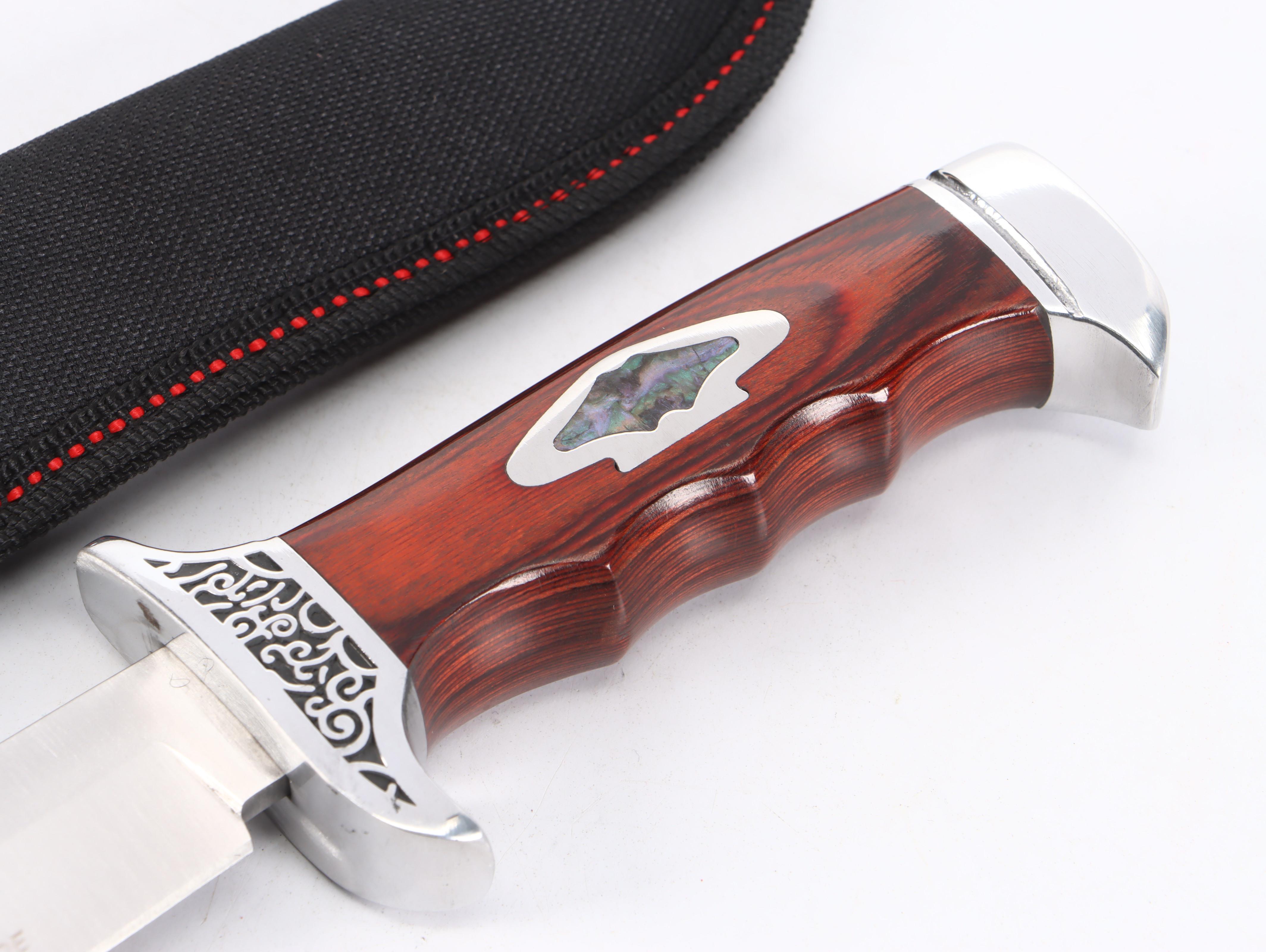 Doom Blade Stainless Steel and Wooden Handled Fixed Blade Knife with Scabbard