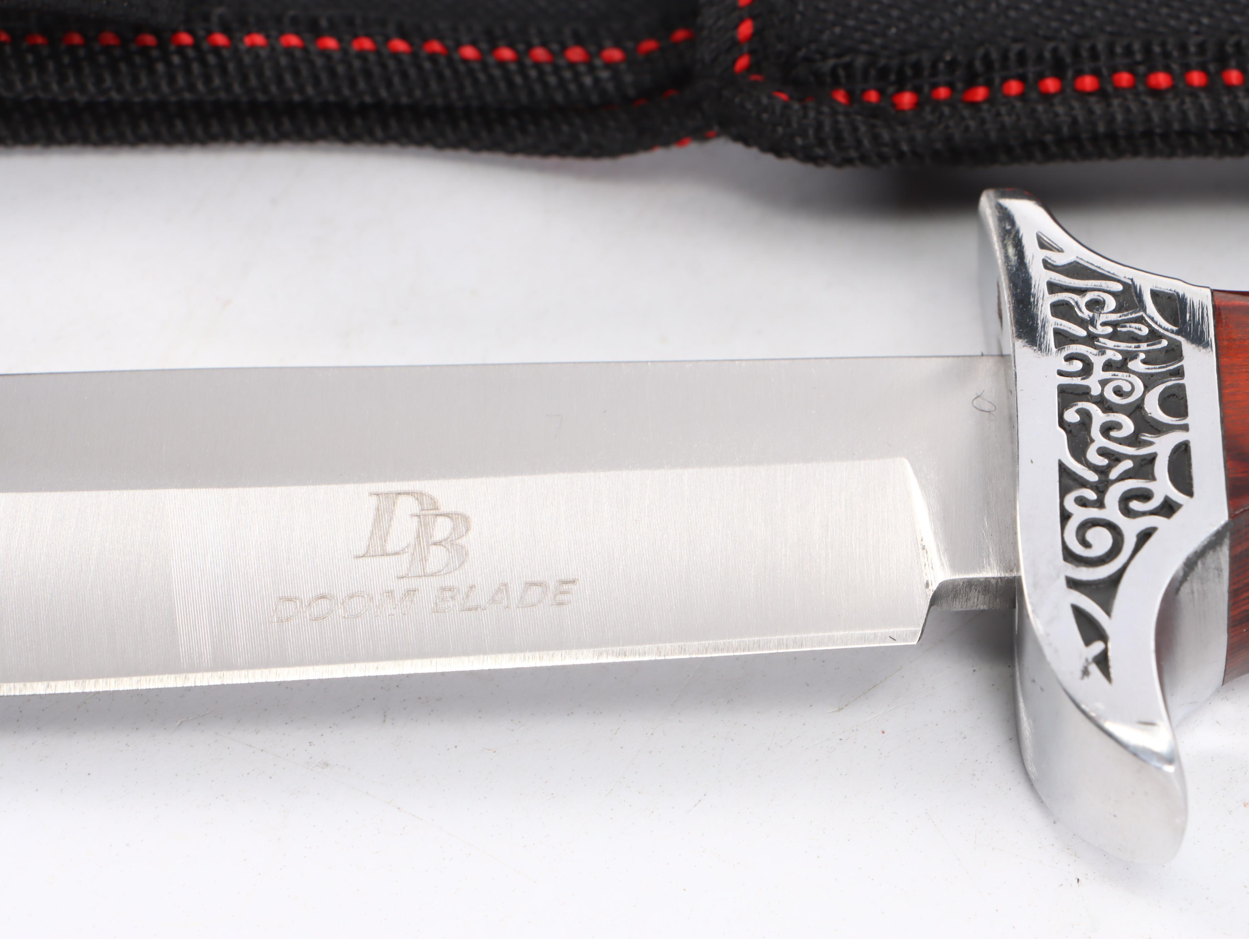 Doom Blade Stainless Steel and Wooden Handled Fixed Blade Knife with Scabbard