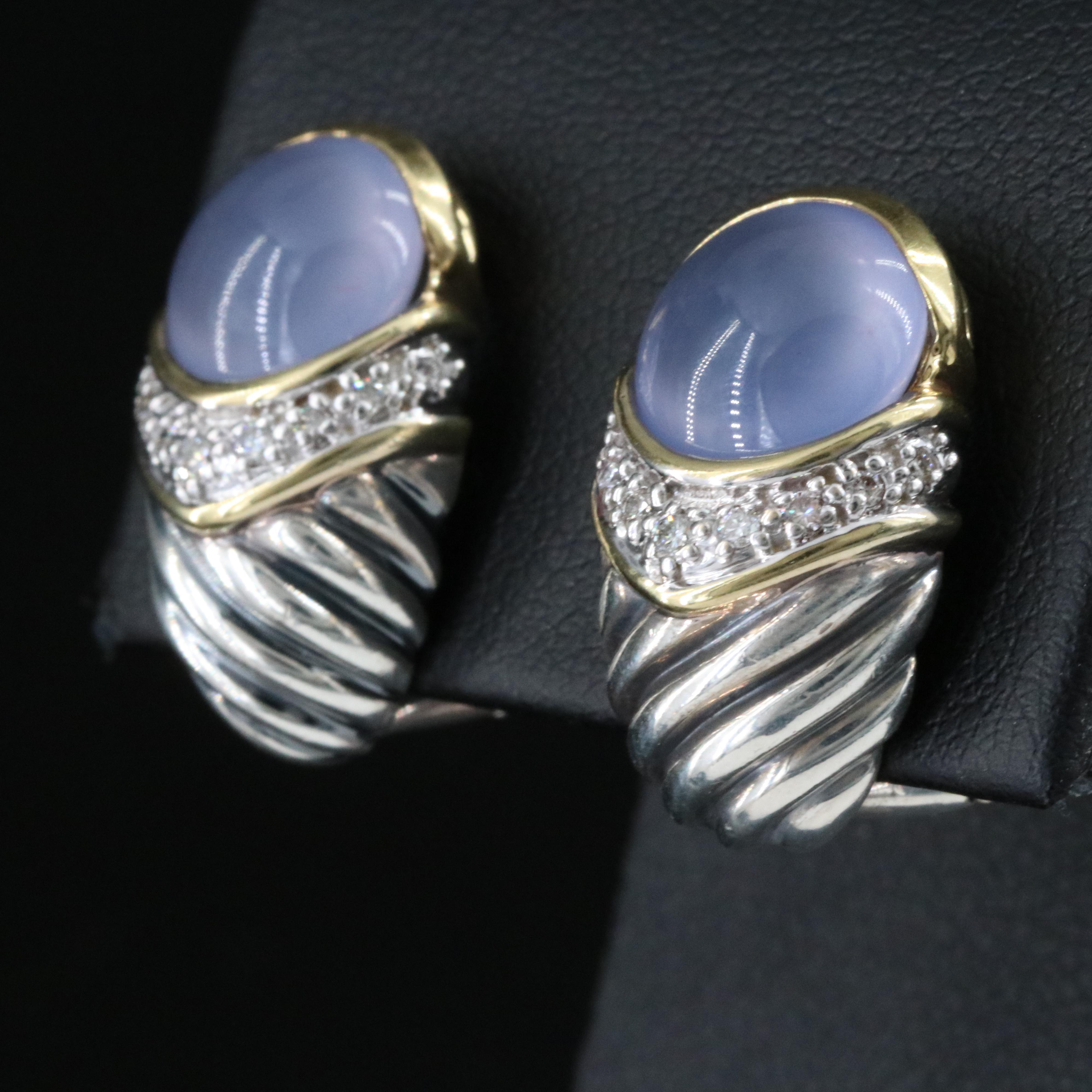 David Yurman Capri Sterling, 18K Chalcedony and Diamond Shrimp Earrings