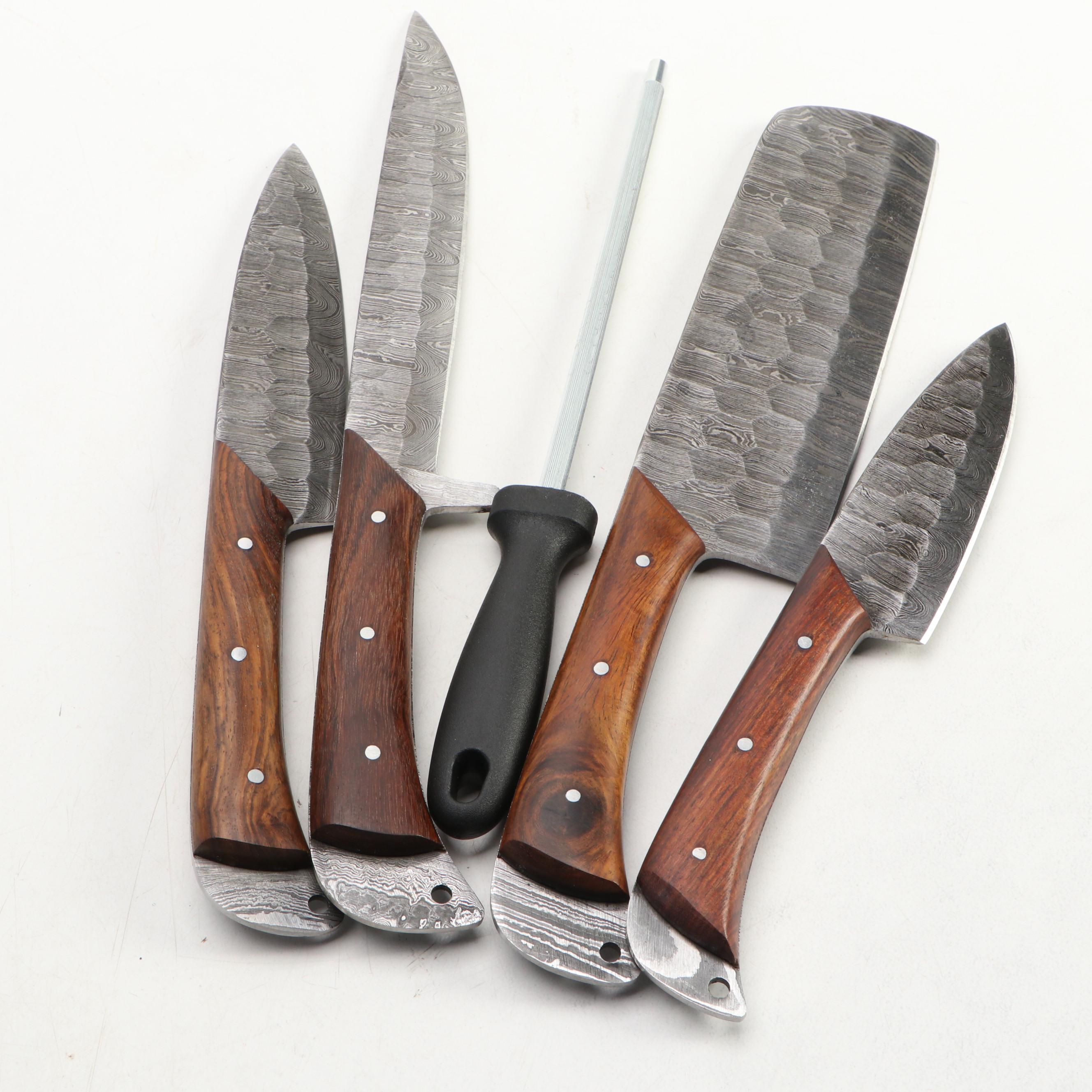 Damascus Steel and Wooden Handled Chef'f Knife Set in Canvas Roll