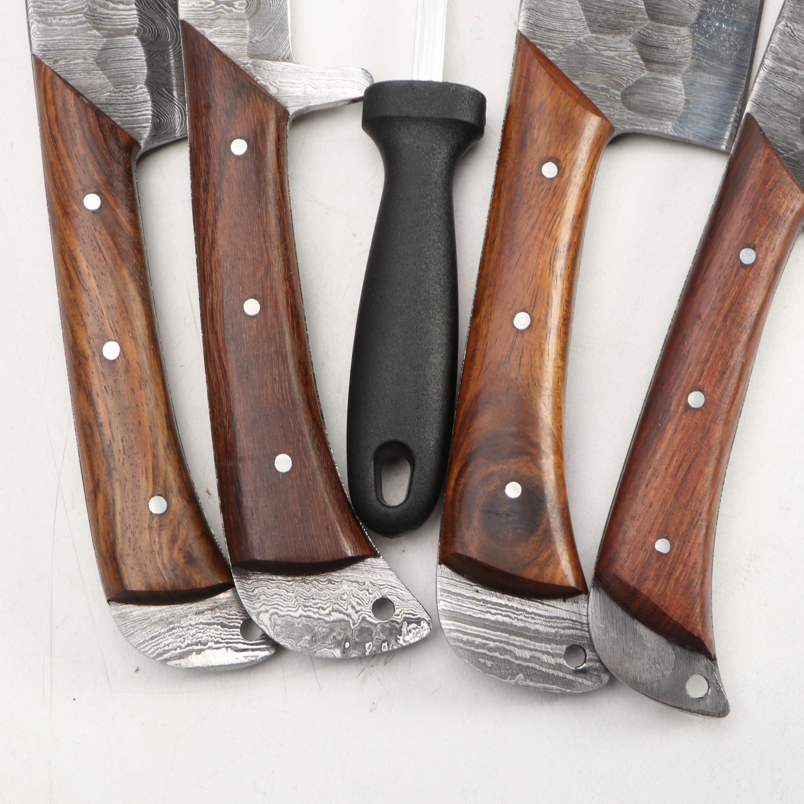 Damascus Steel and Wooden Handled Chef'f Knife Set in Canvas Roll