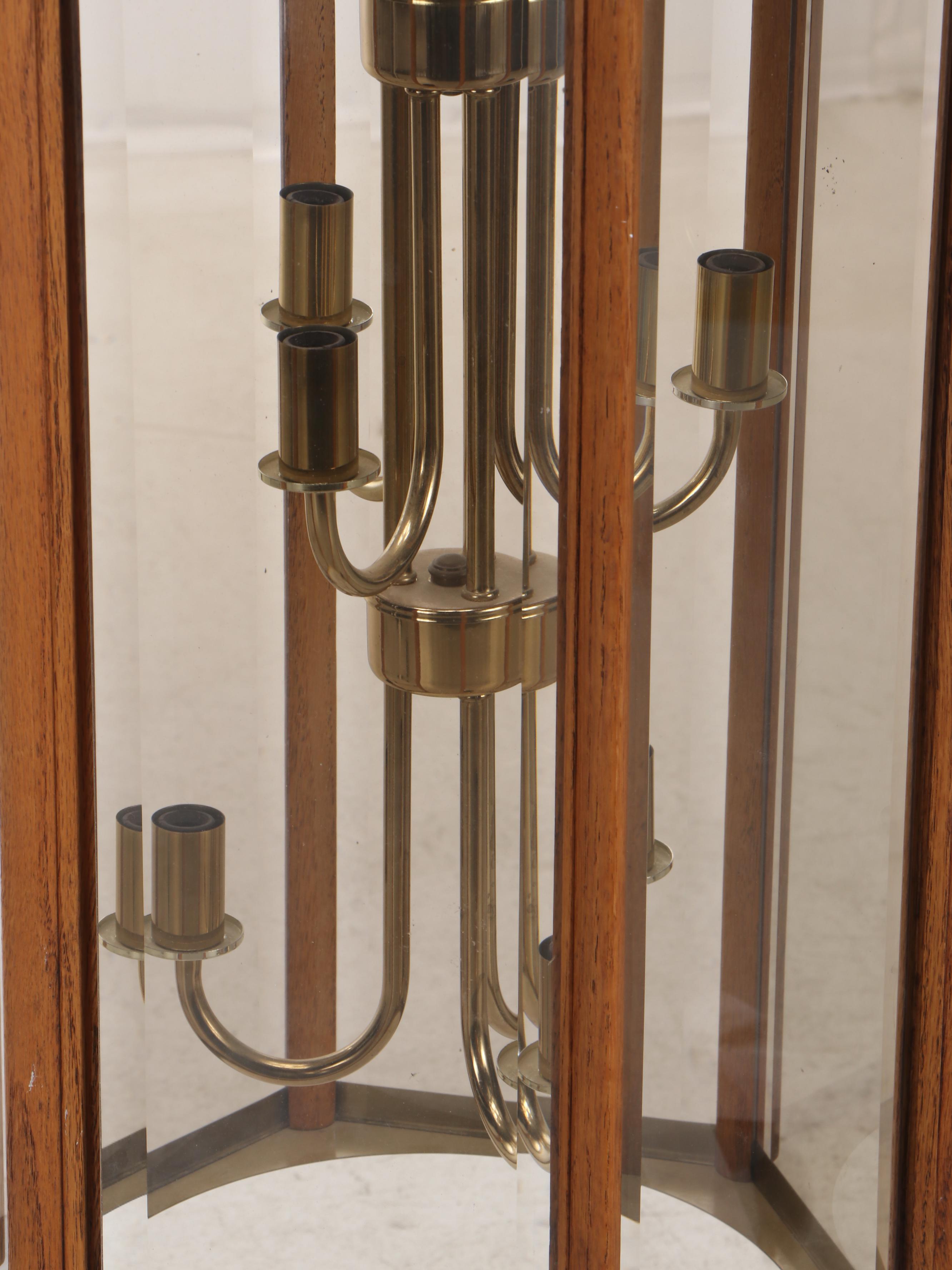 MCM Style Walnut and Brass Foyer Pendant Light, Late 20th Century