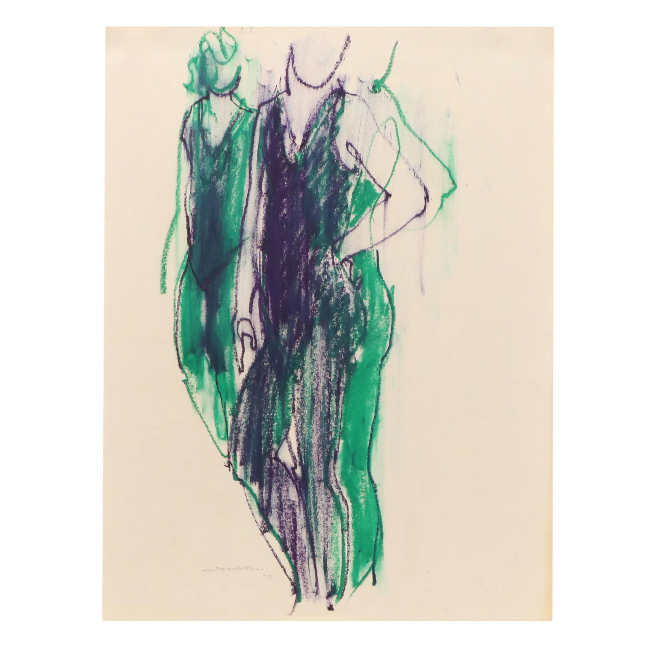 Jack Meanwell Modern Figural Oil Pastel Drawing, 1979