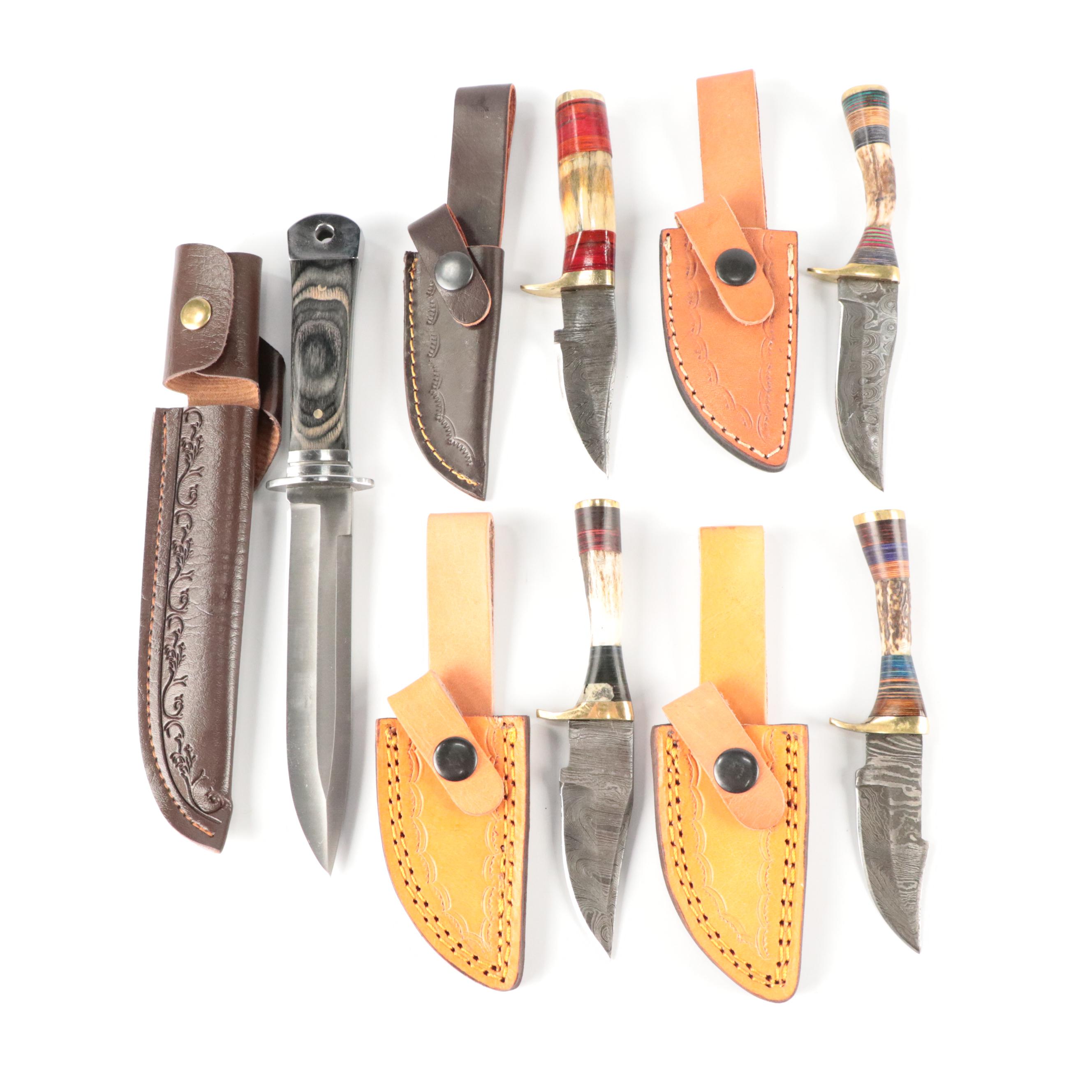 Damascus Steel and Antler Handled Skinner Knives with Hunting Knife