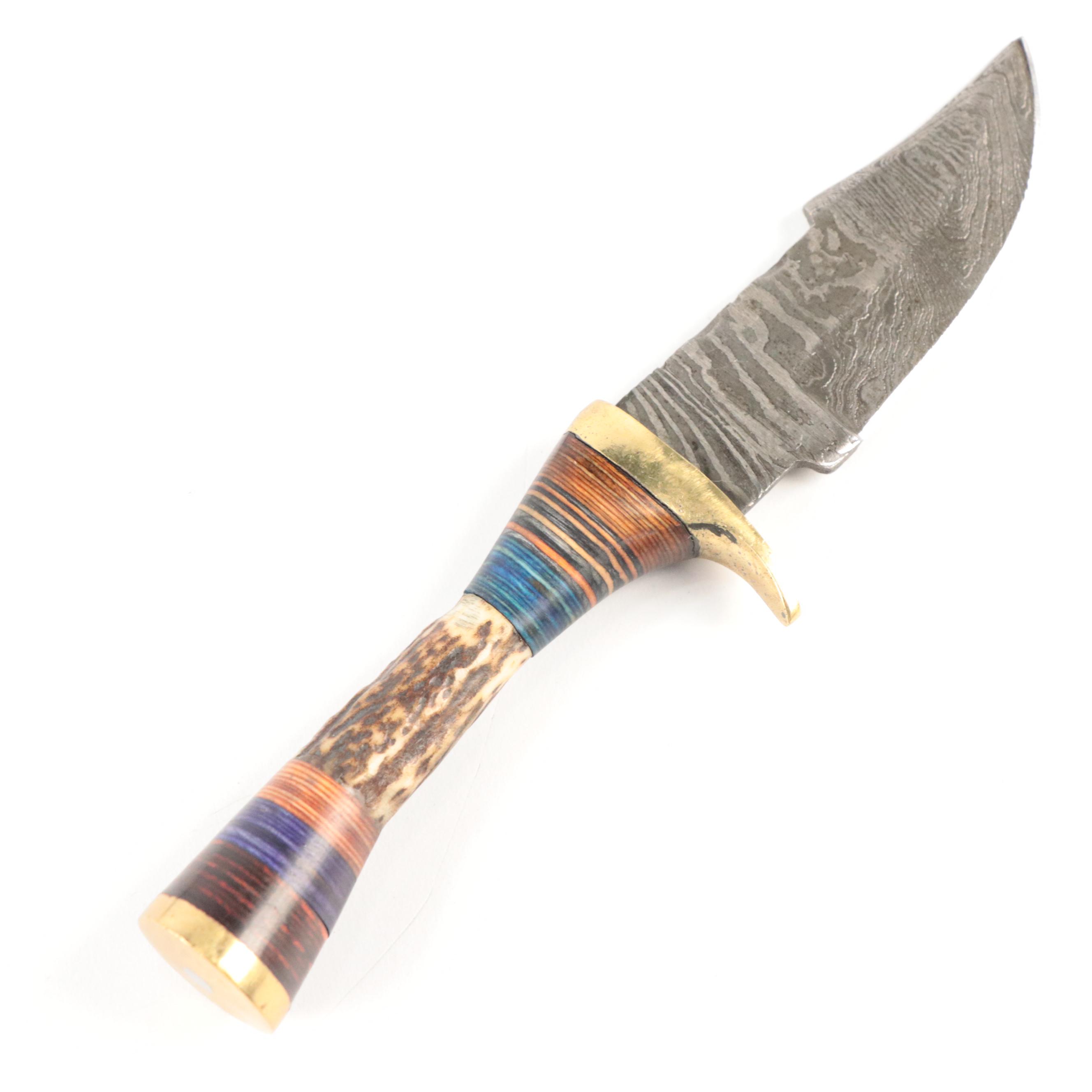 Damascus Steel and Antler Handled Skinner Knives with Hunting Knife