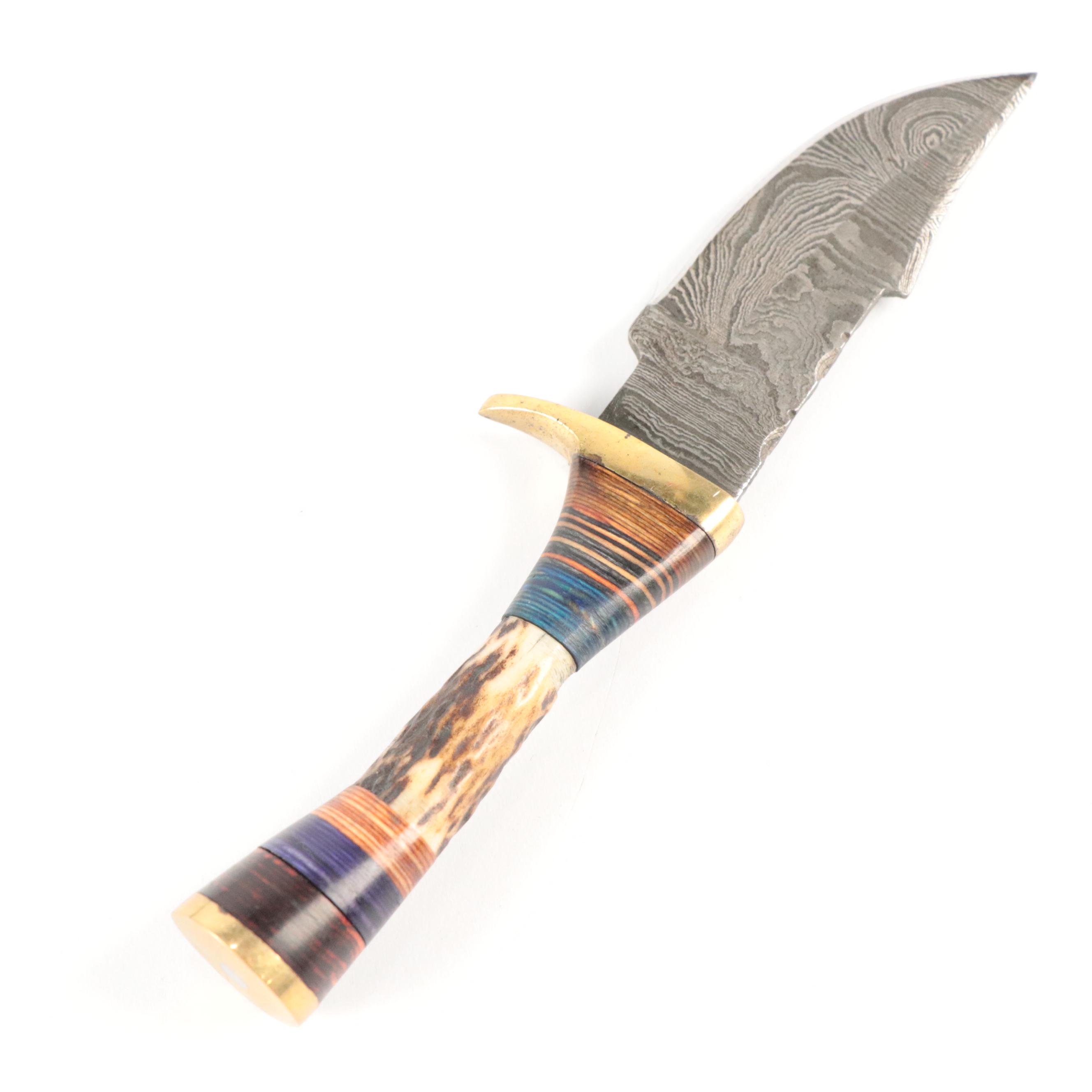 Damascus Steel and Antler Handled Skinner Knives with Hunting Knife