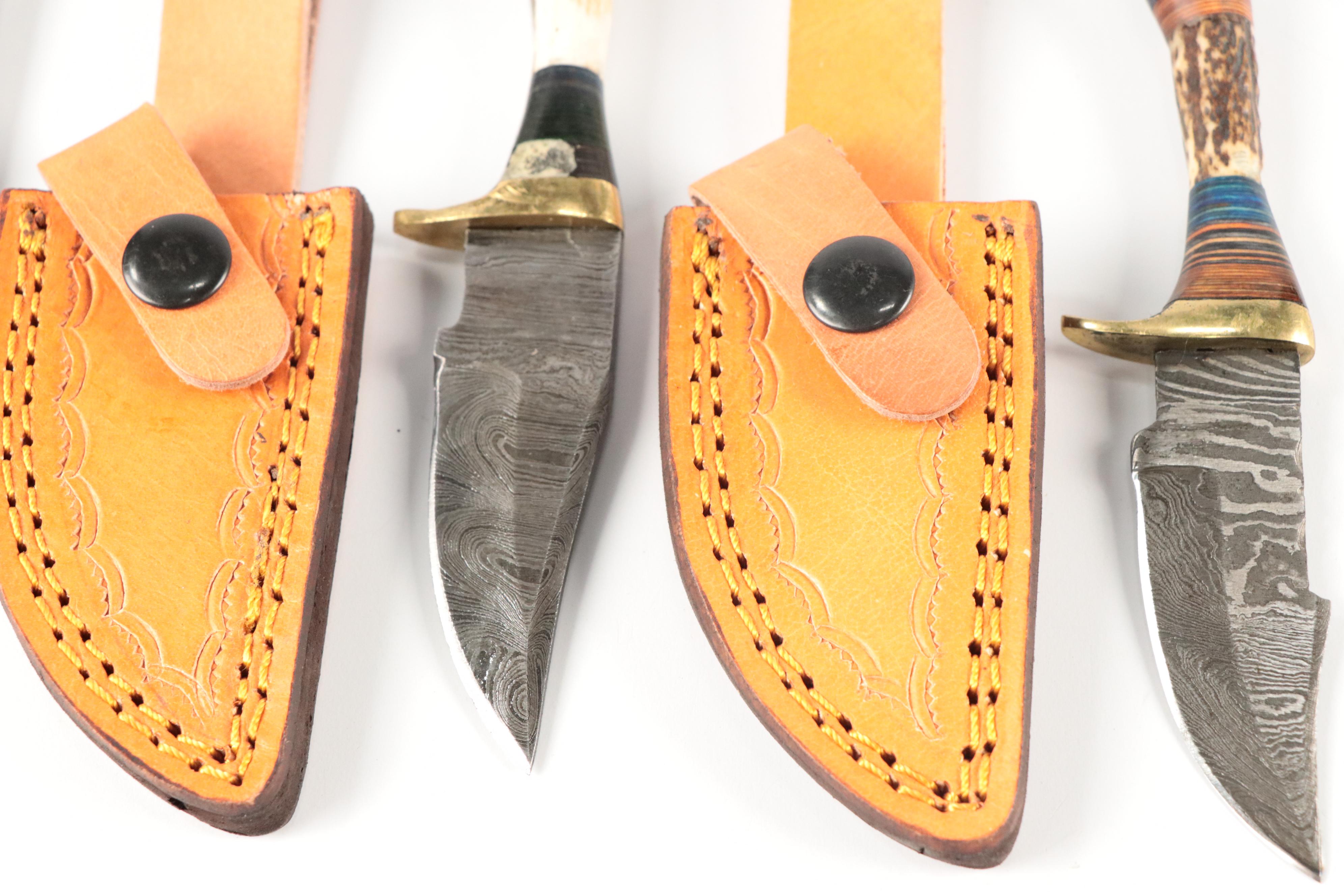 Damascus Steel and Antler Handled Skinner Knives with Hunting Knife