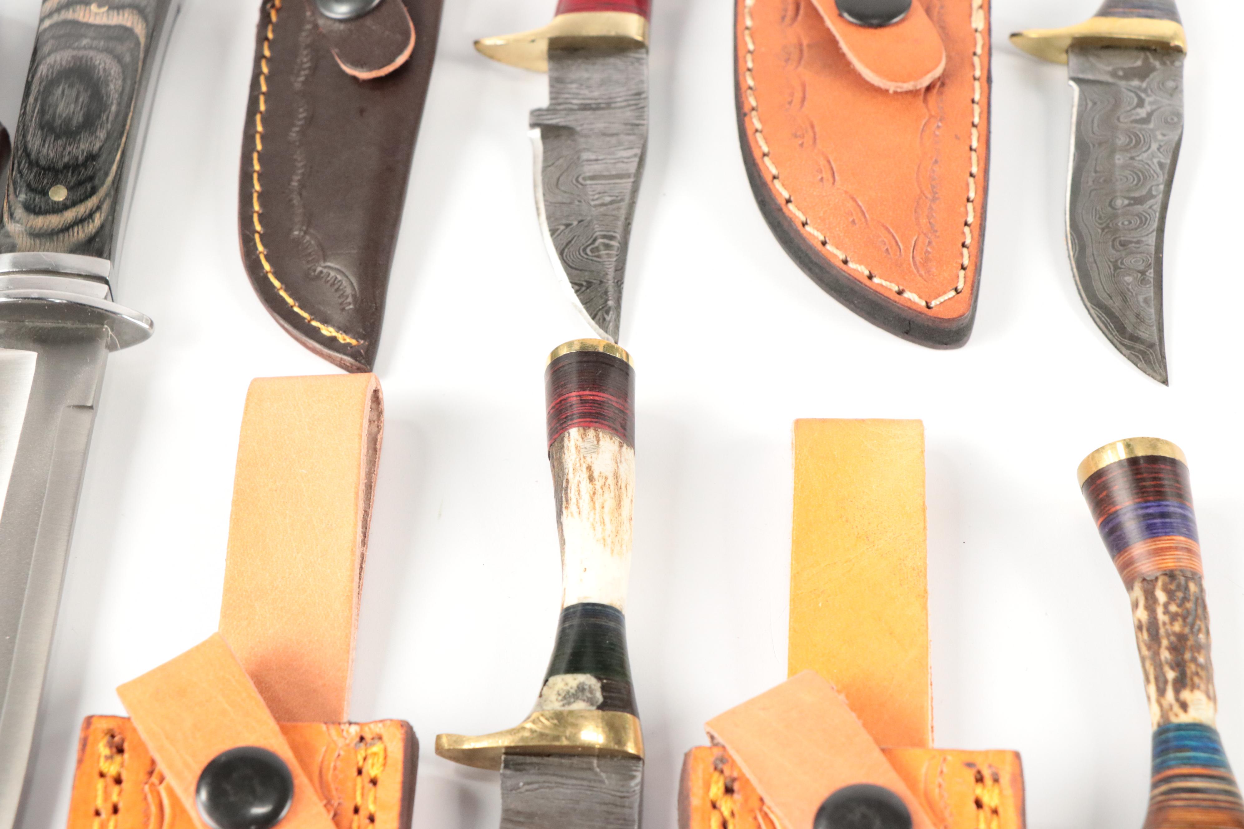 Damascus Steel and Antler Handled Skinner Knives with Hunting Knife