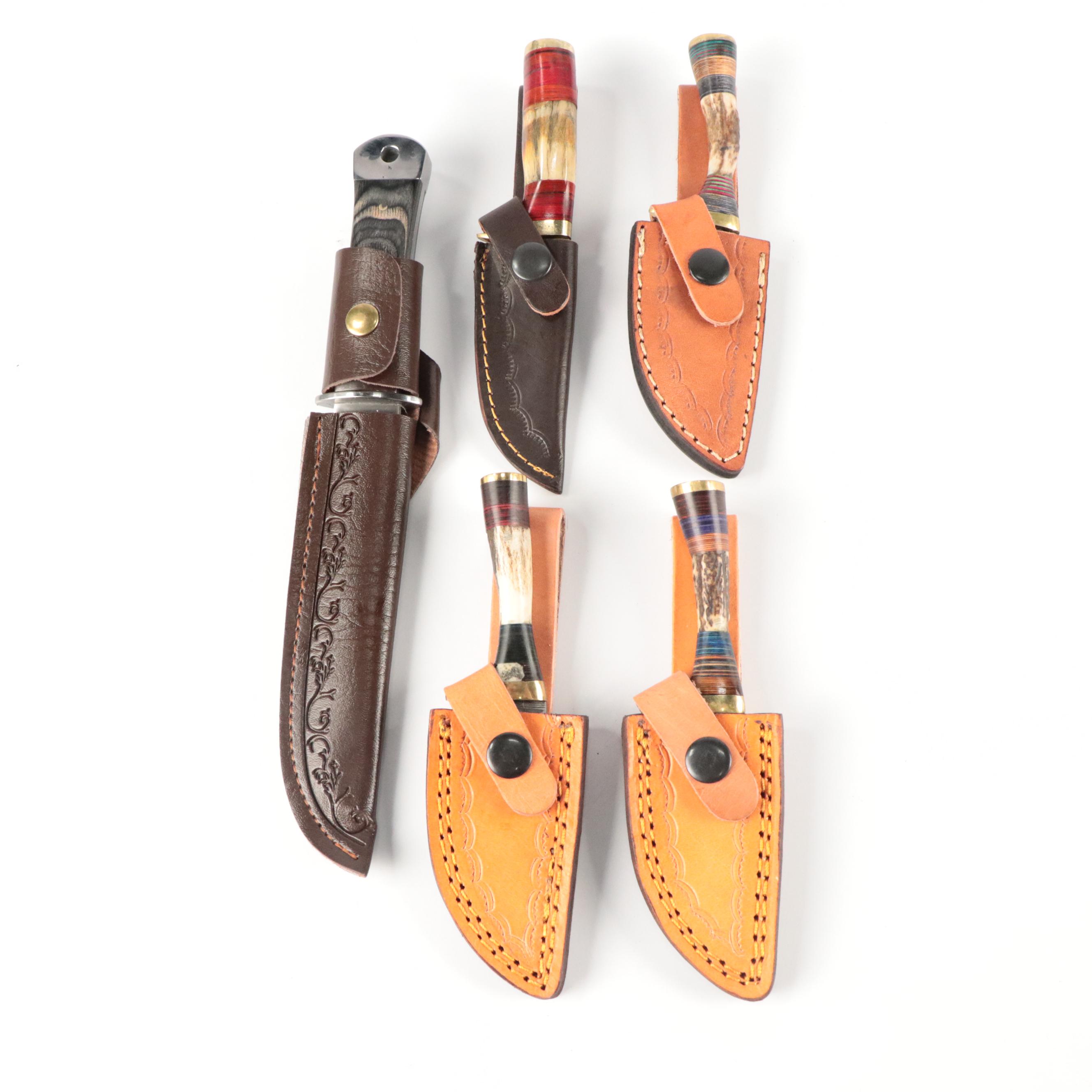 Damascus Steel and Antler Handled Skinner Knives with Hunting Knife