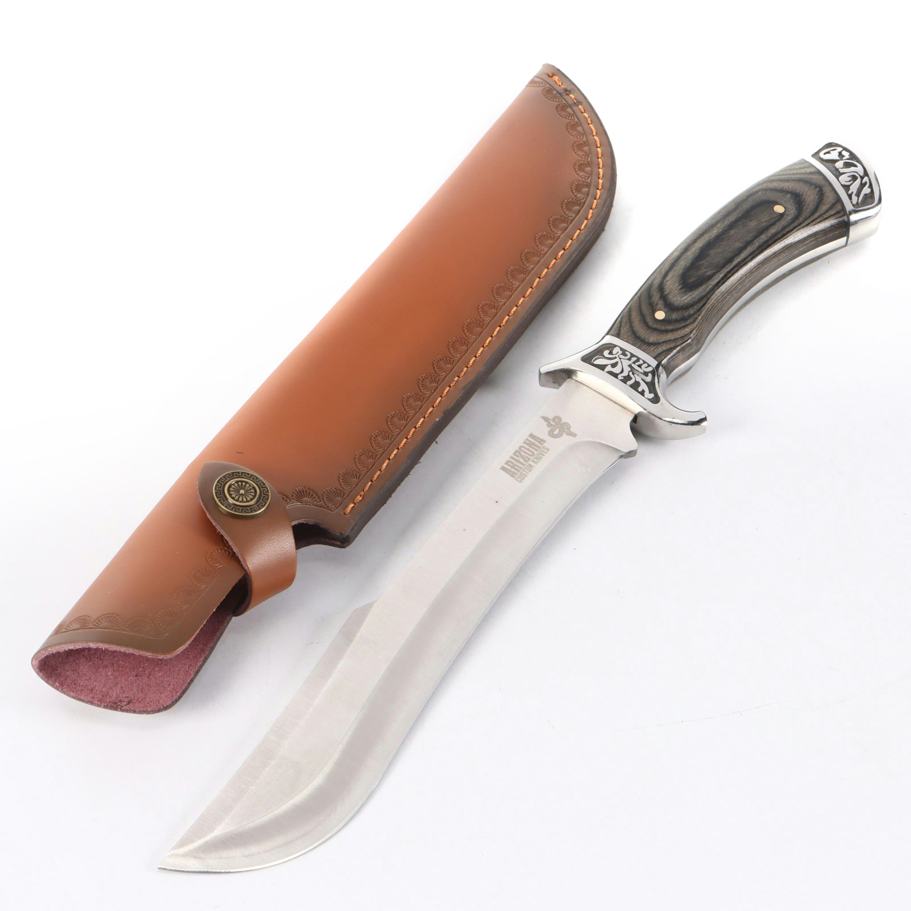 Arizona Custom Knives Black Wooden Handled Fixed Blade Knife with Scabbard