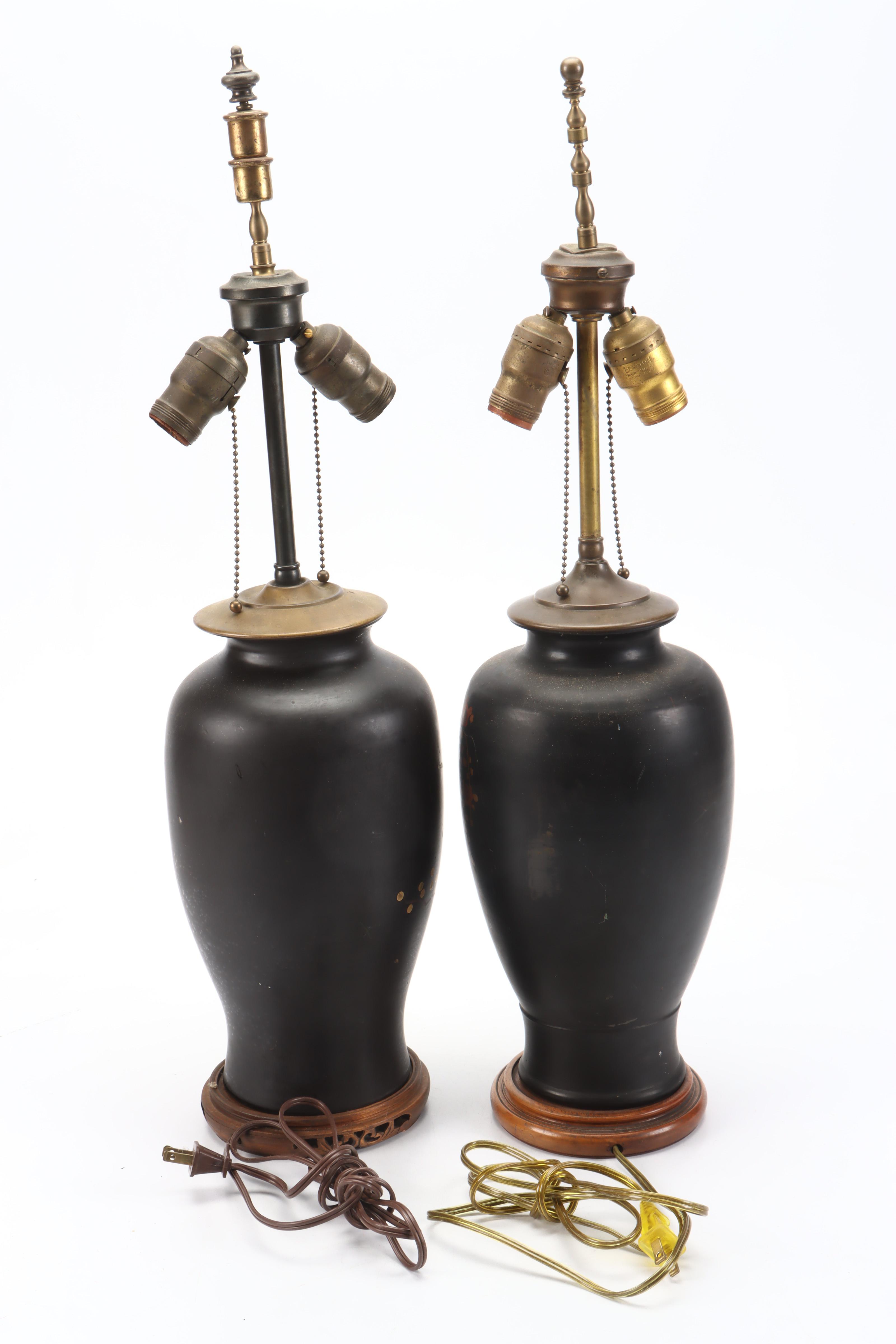 Japanese Hand-Painted Ceramic and Metal Table Lamps, Mid-20th Century