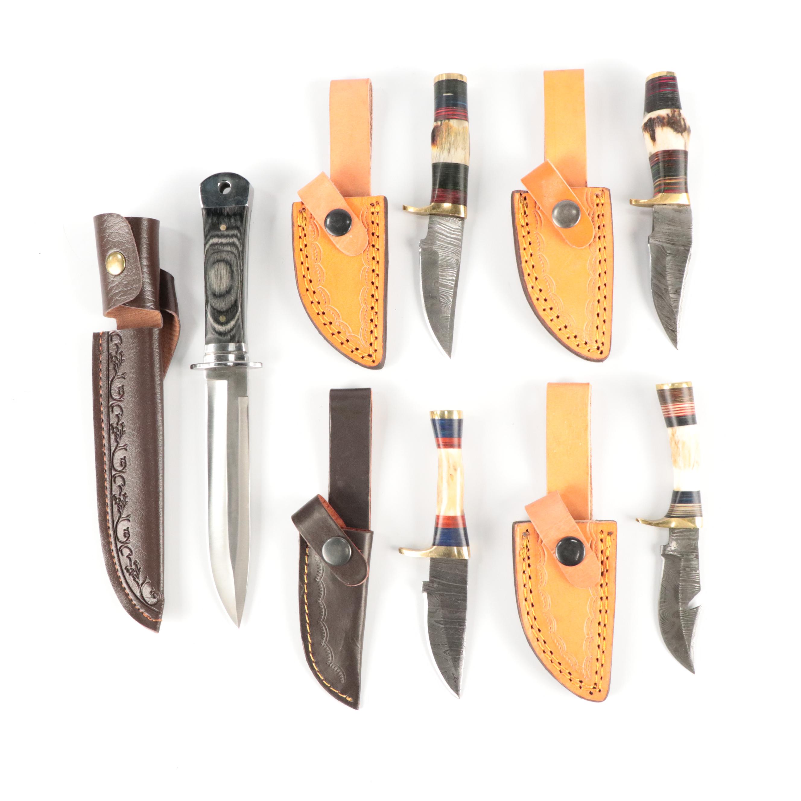 Damascus Steel and Antler Handled Skinner Knives with Hunting Knife