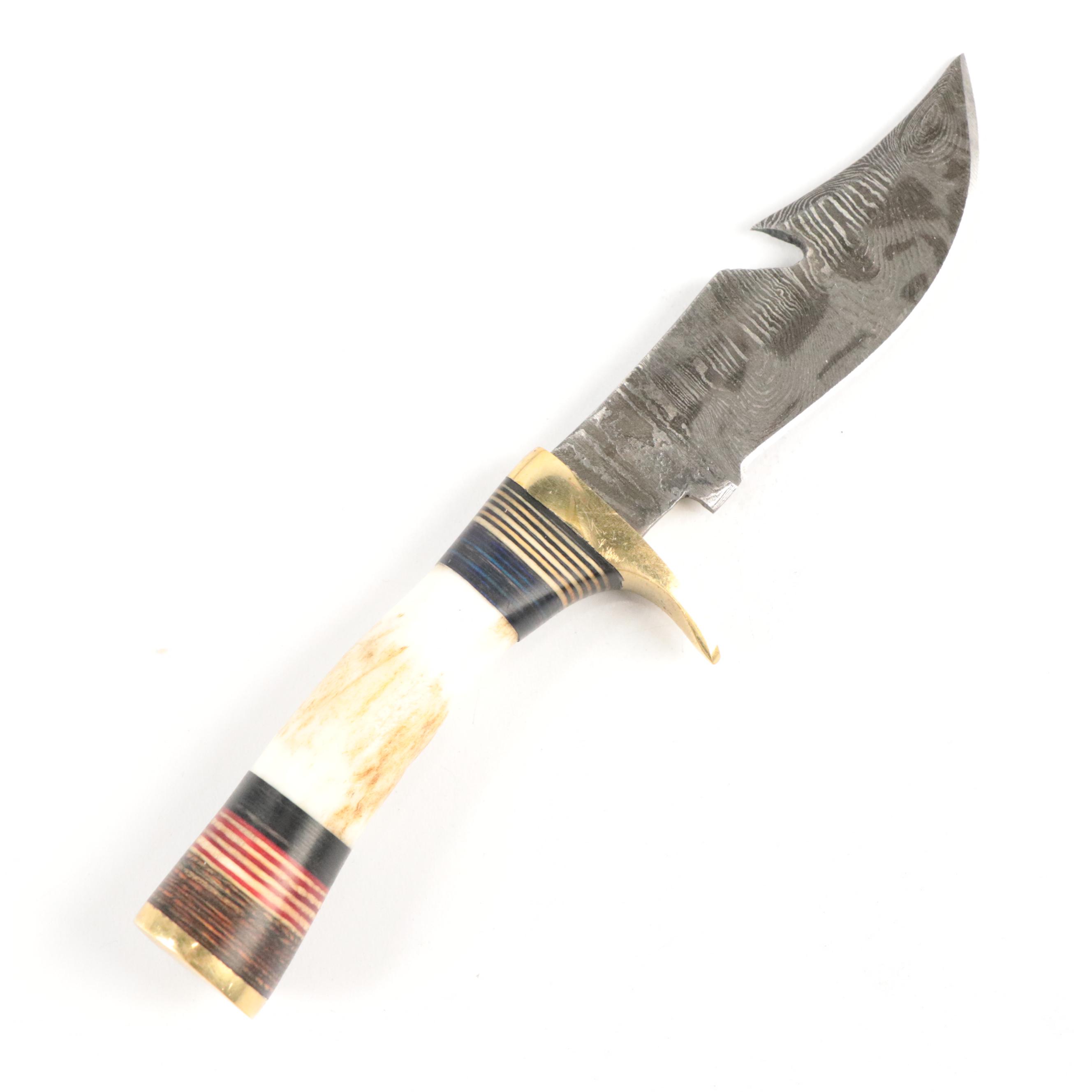 Damascus Steel and Antler Handled Skinner Knives with Hunting Knife