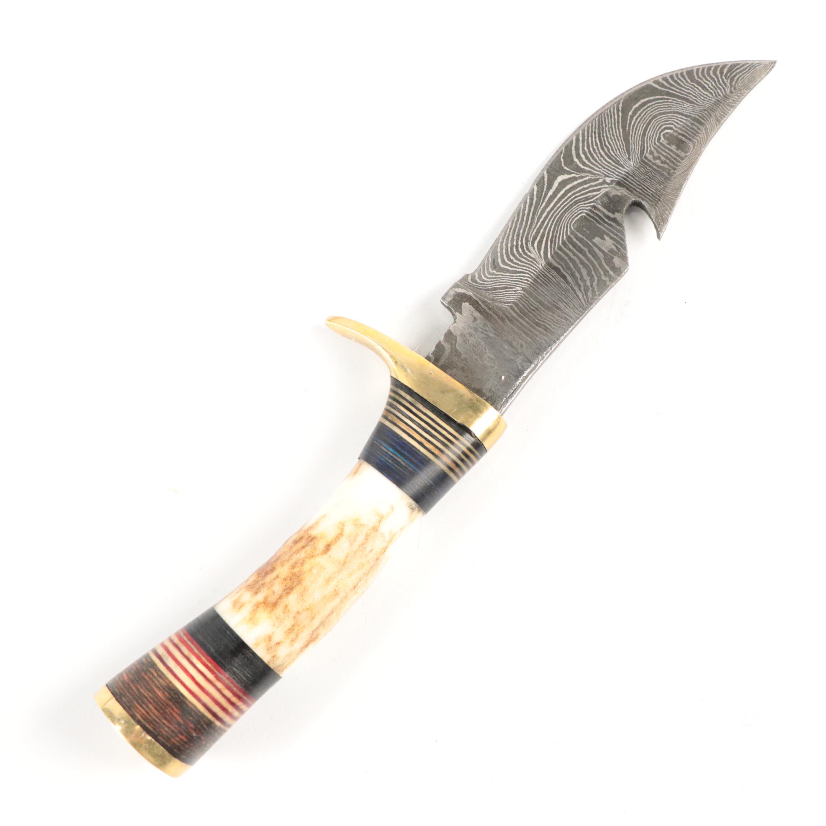 Damascus Steel and Antler Handled Skinner Knives with Hunting Knife