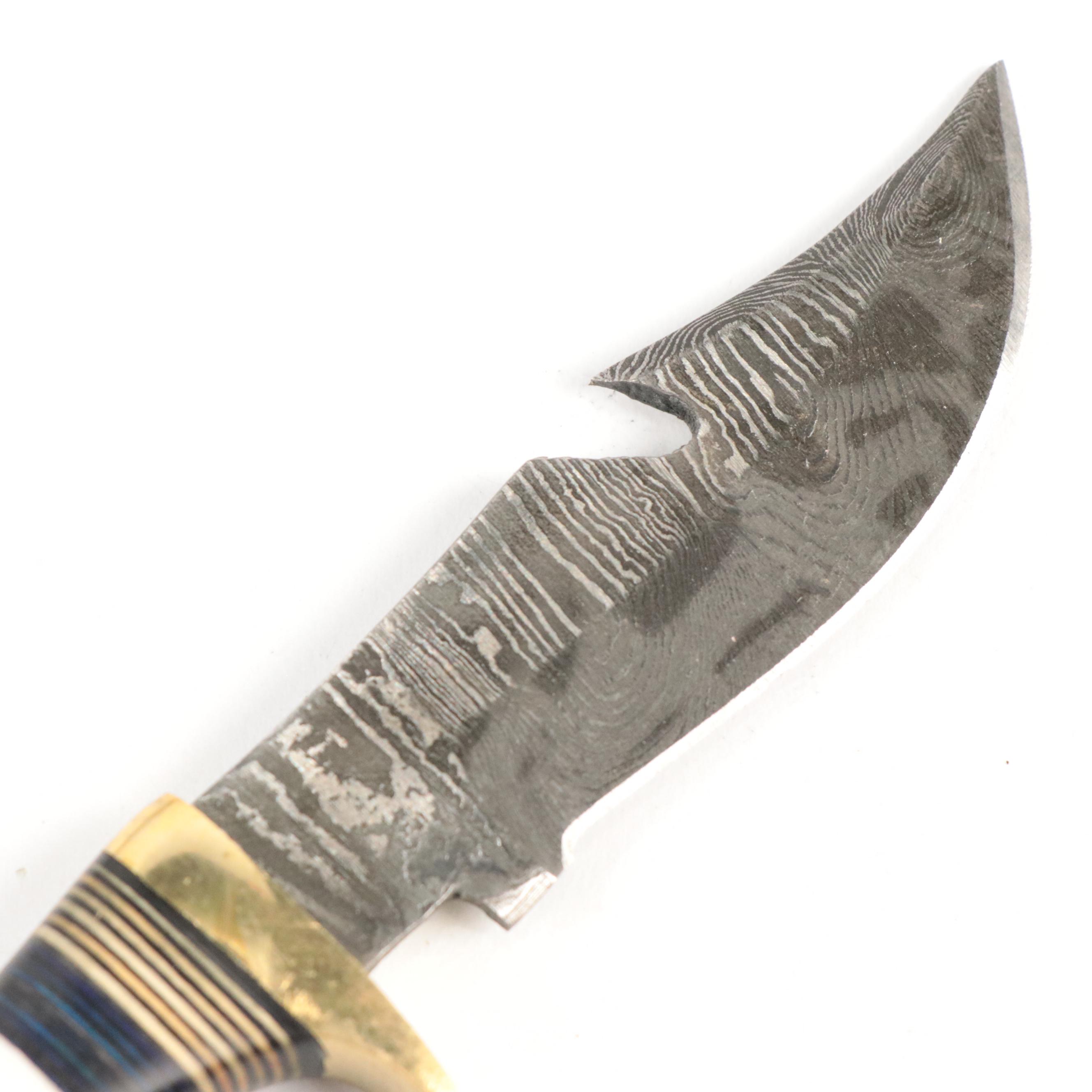 Damascus Steel and Antler Handled Skinner Knives with Hunting Knife