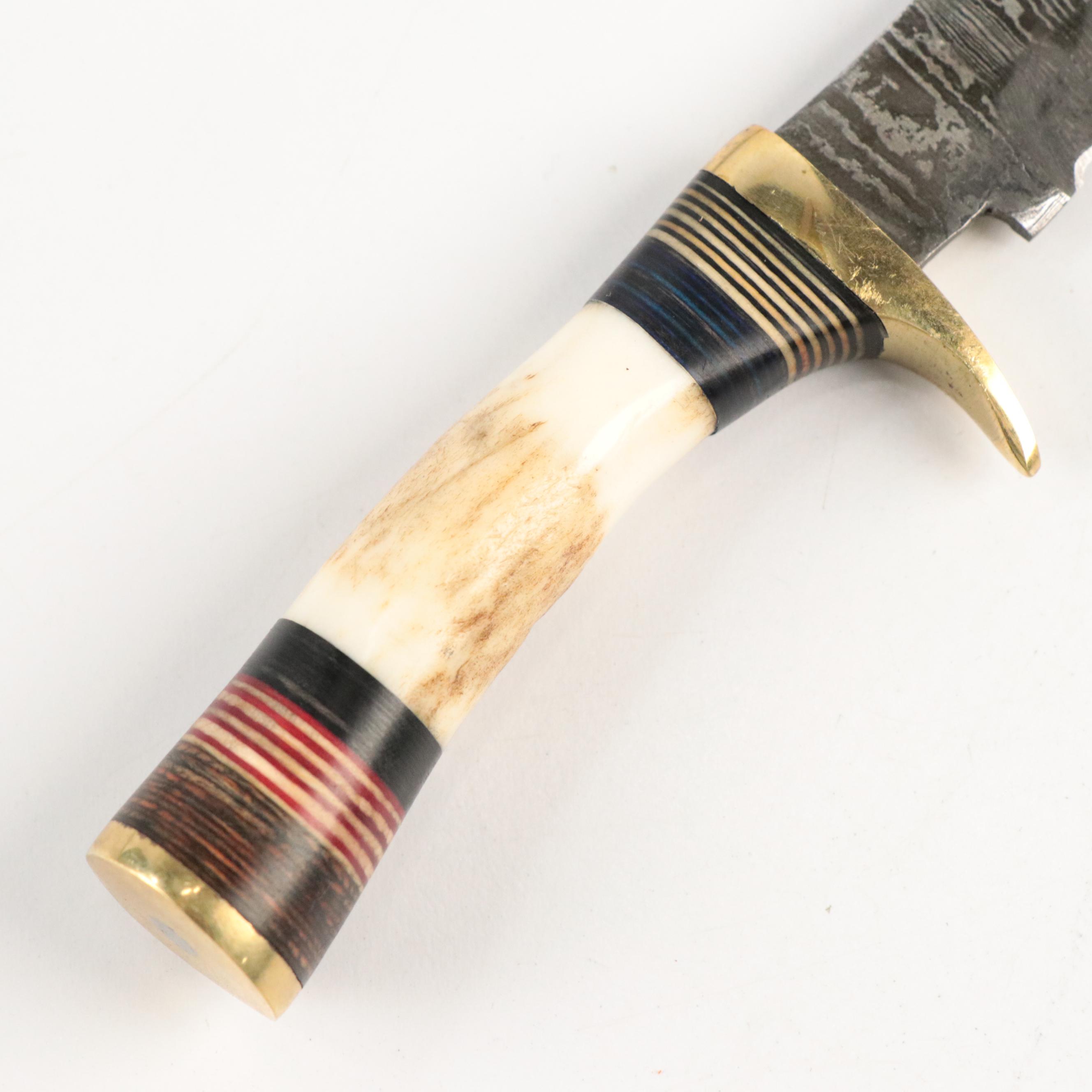 Damascus Steel and Antler Handled Skinner Knives with Hunting Knife