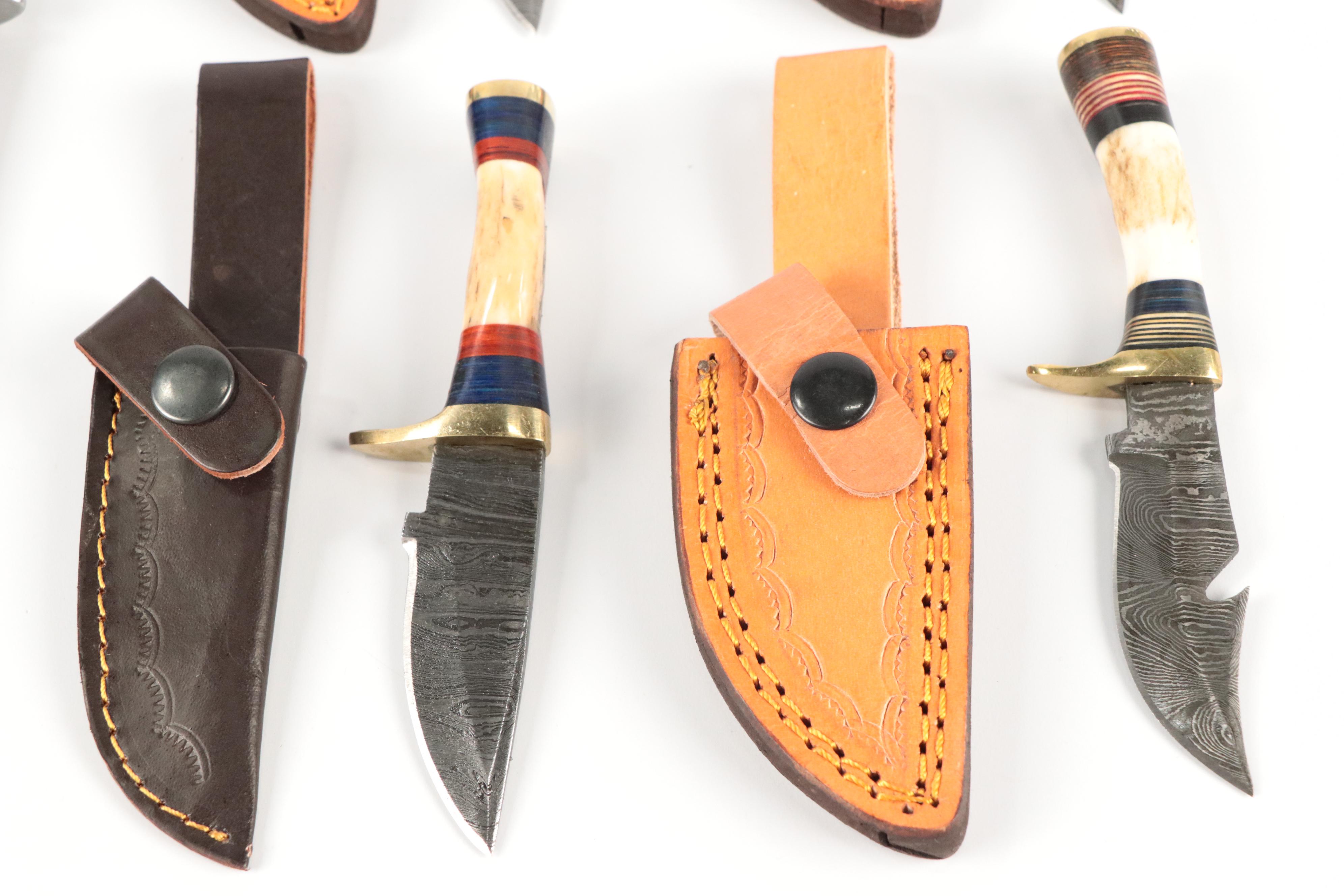 Damascus Steel and Antler Handled Skinner Knives with Hunting Knife