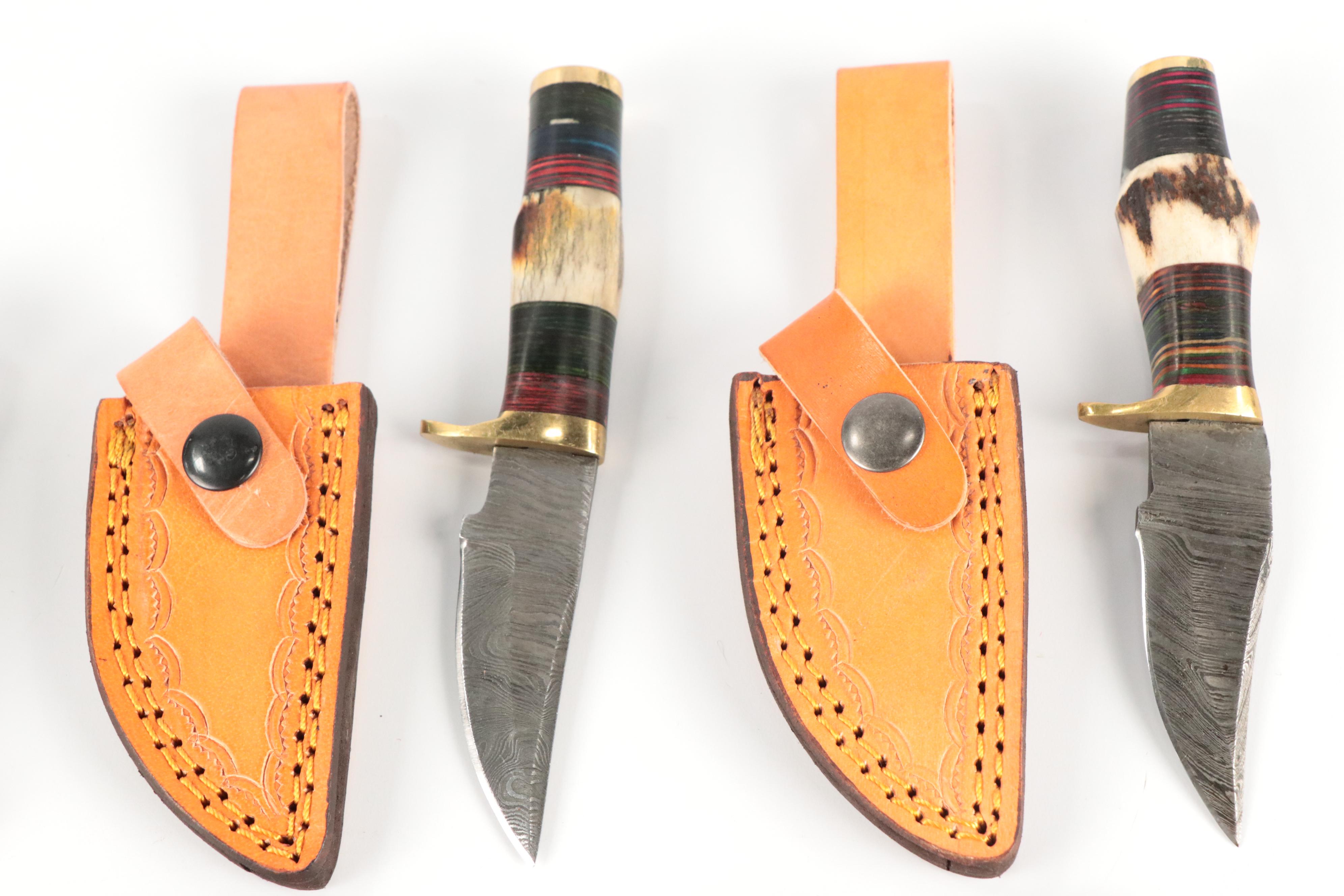 Damascus Steel and Antler Handled Skinner Knives with Hunting Knife