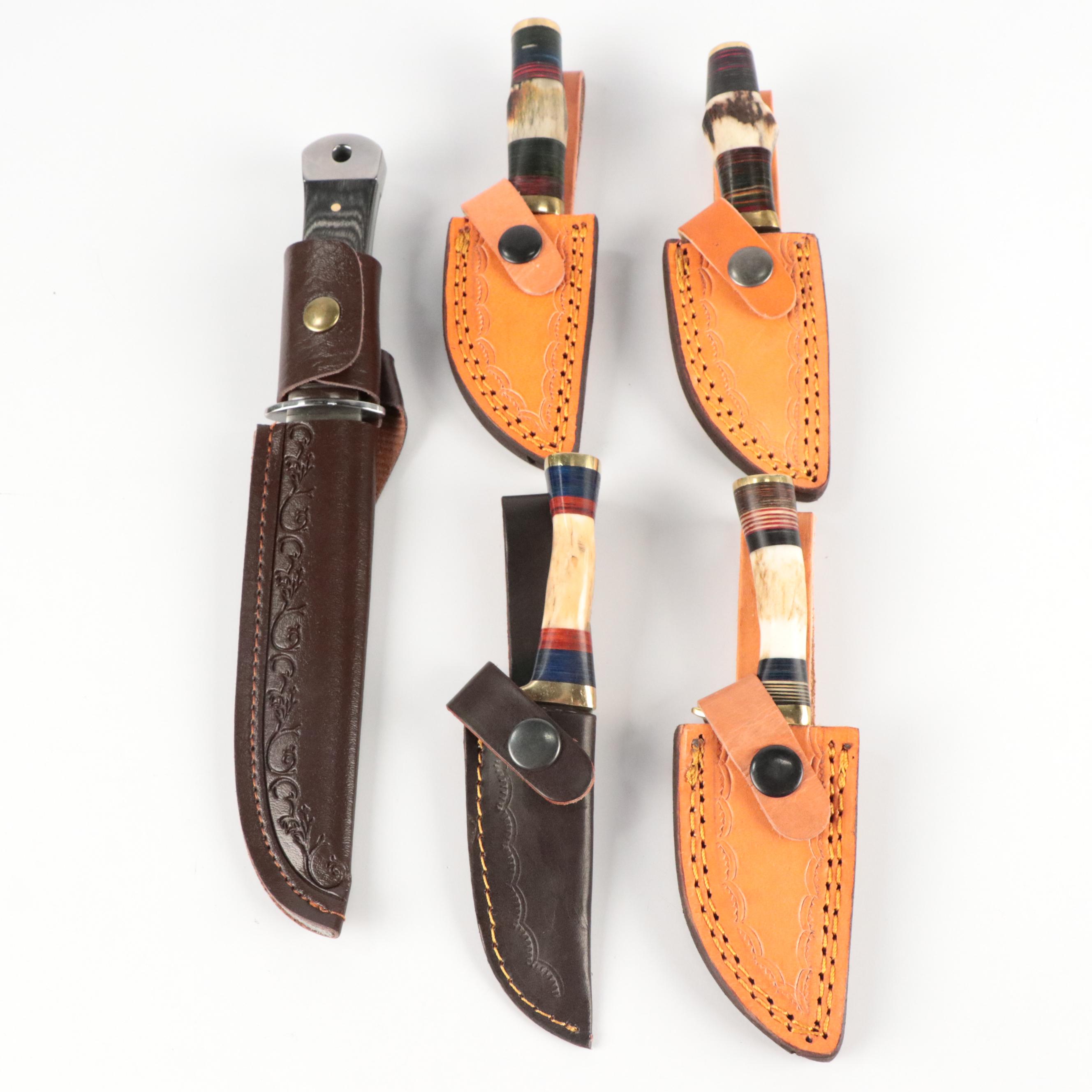 Damascus Steel and Antler Handled Skinner Knives with Hunting Knife