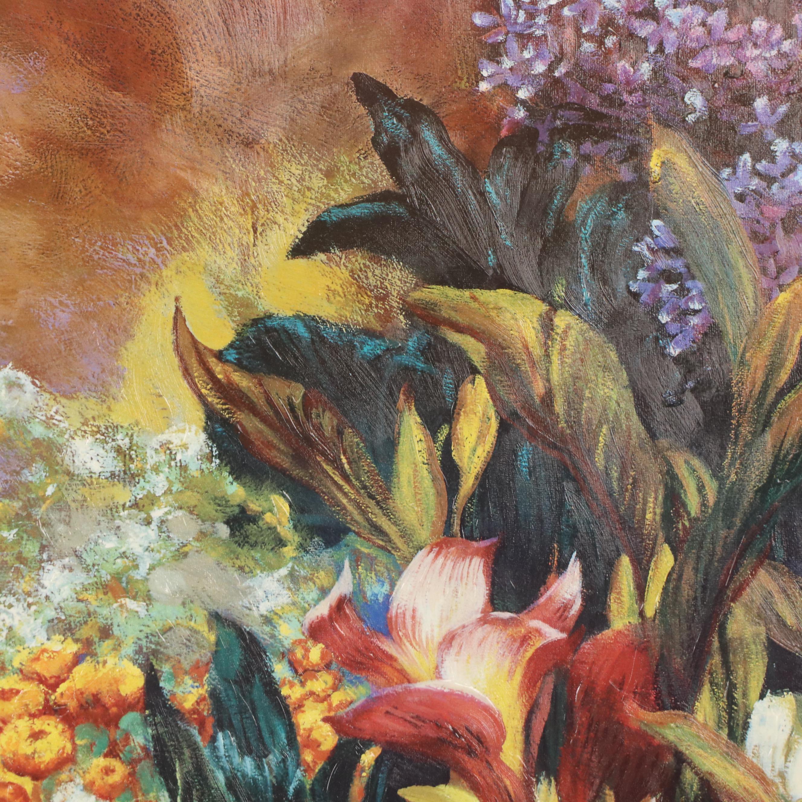 Large-Scale Embellished Offset Lithograph Floral Still Life