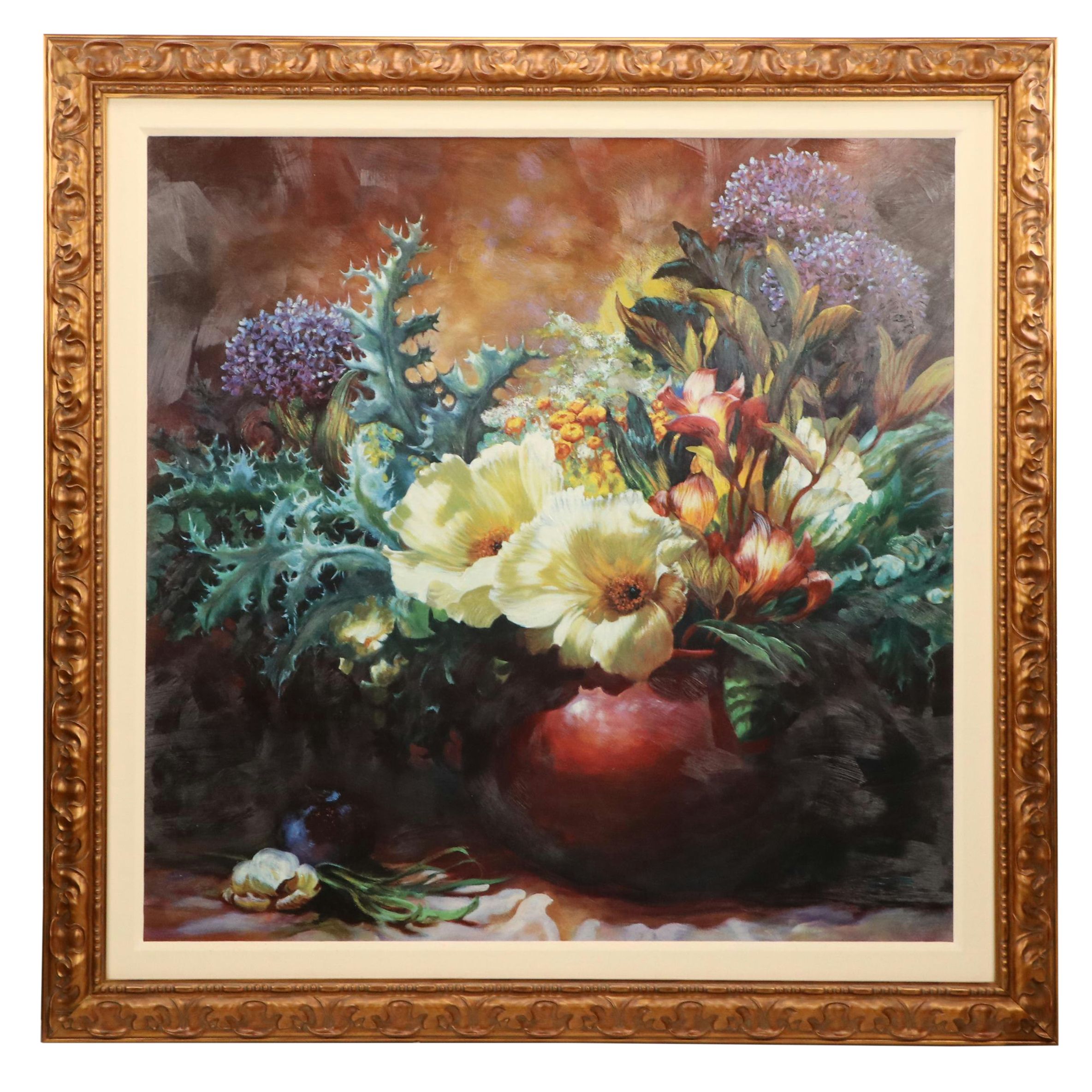 Large-Scale Embellished Offset Lithograph Floral Still Life