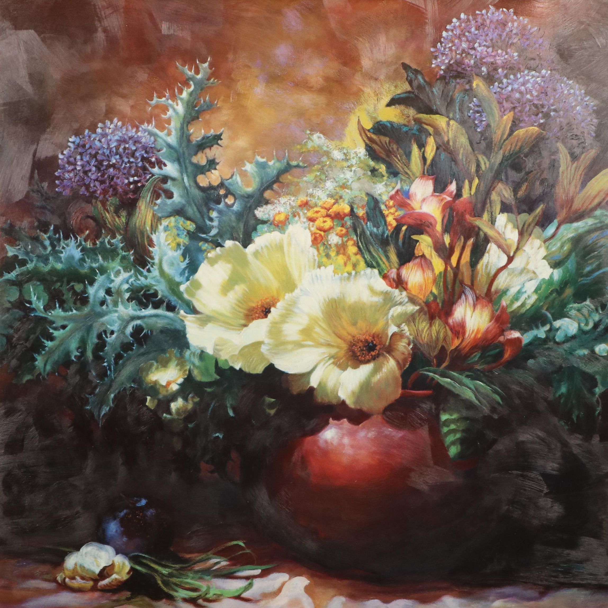 Large-Scale Embellished Offset Lithograph Floral Still Life