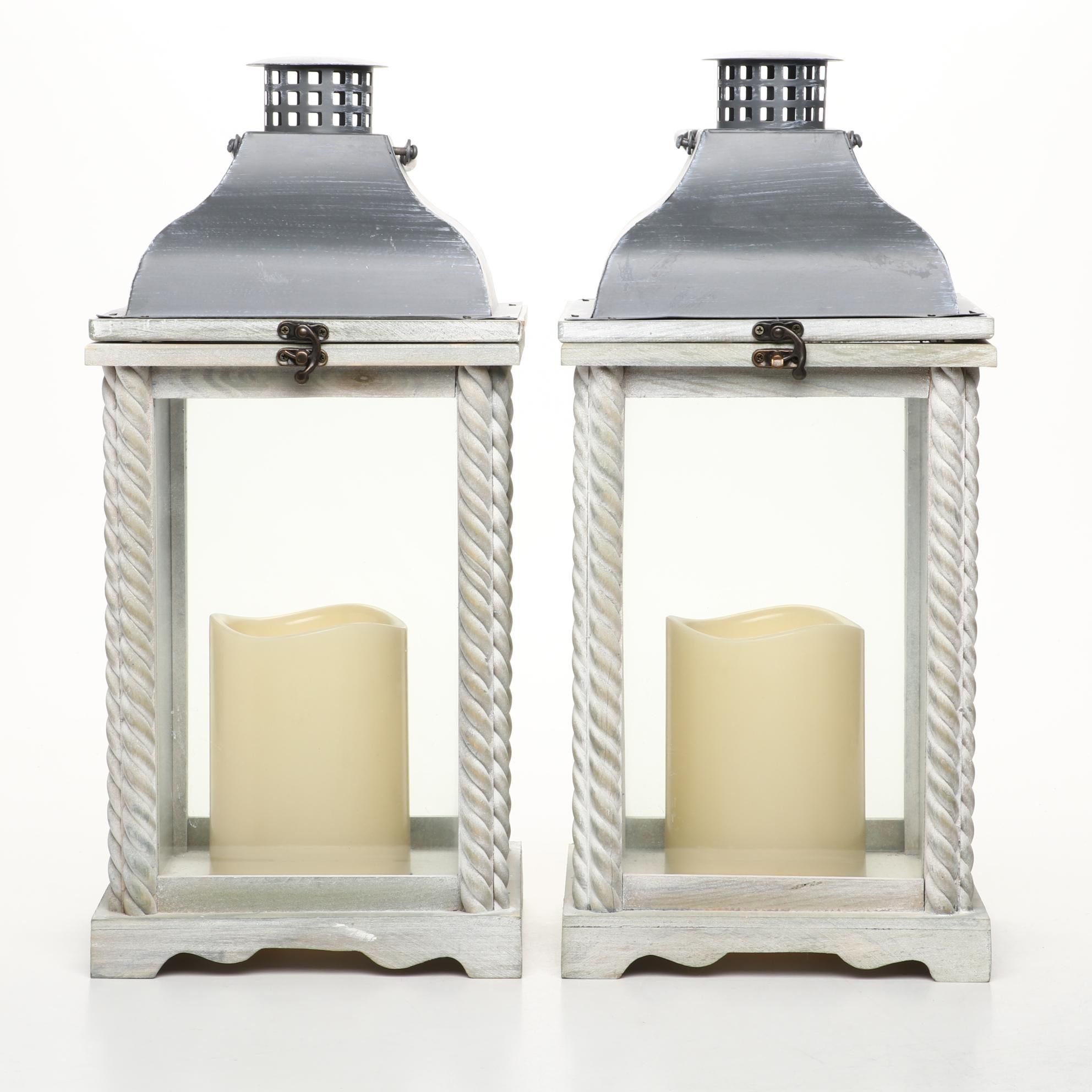Pair of Wood and Metal Handled Lanterns with Electric Candles