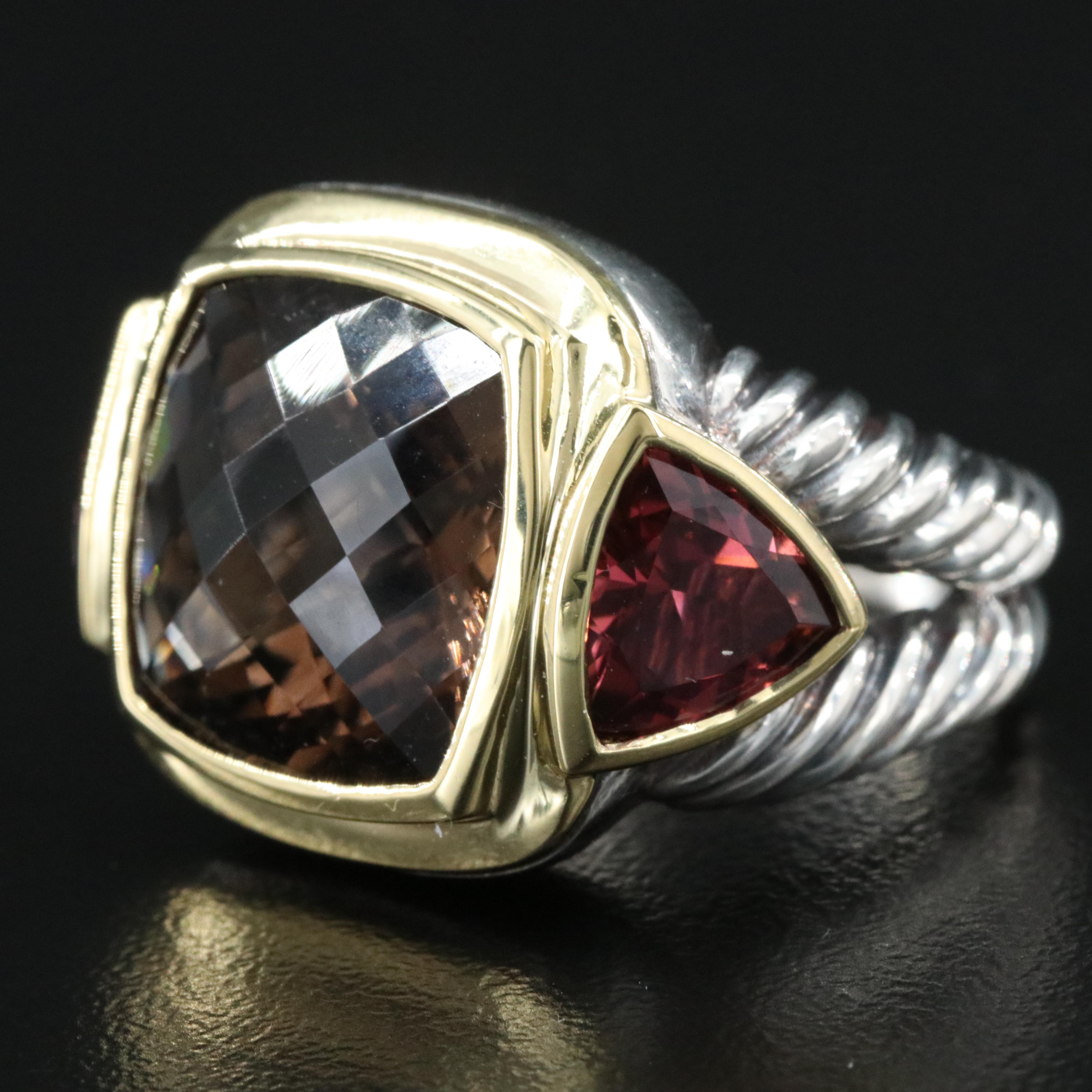 David Yurman Albion Sterling,18K Smoky Quartz and Rhodolite Ring