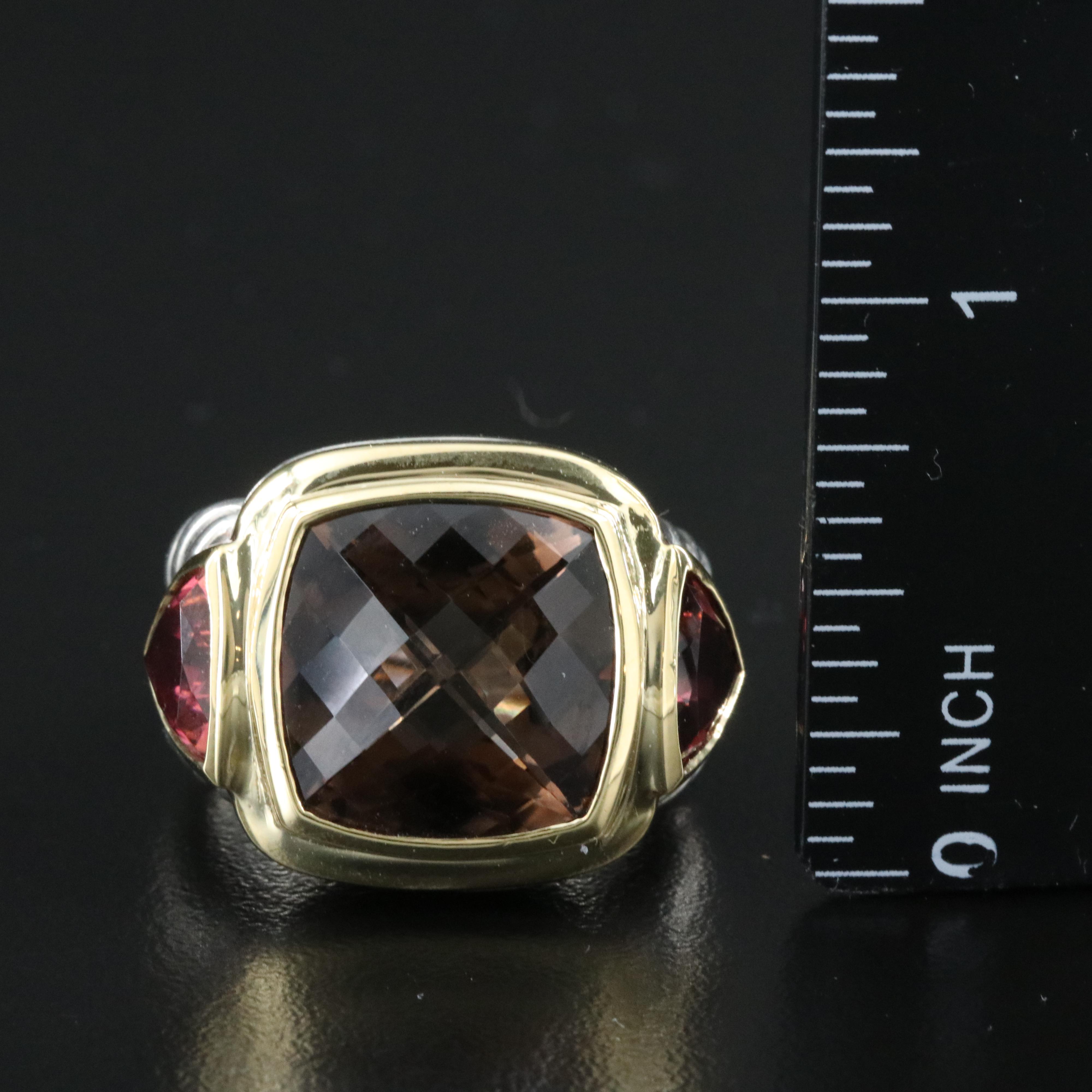 David Yurman Albion Sterling,18K Smoky Quartz and Rhodolite Ring