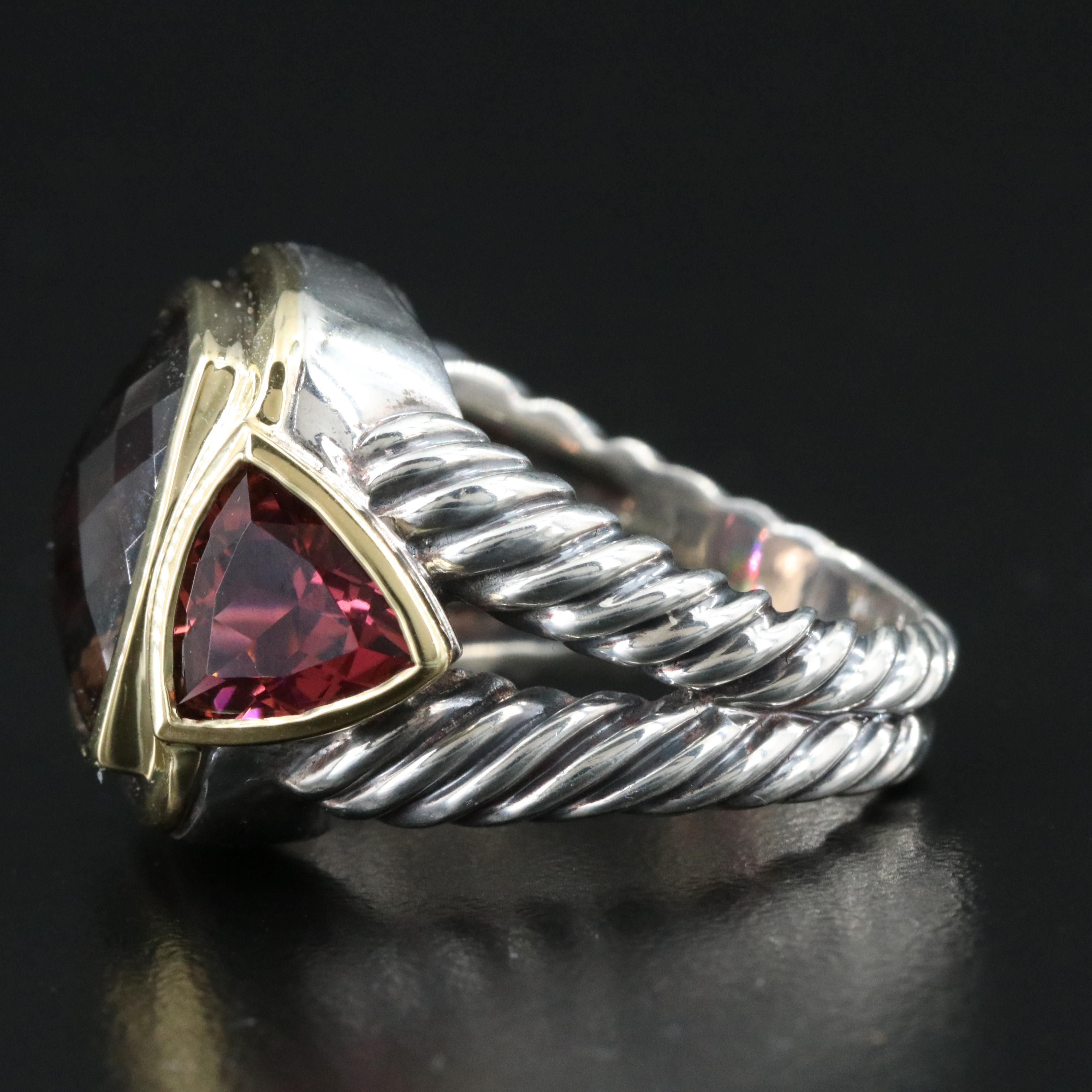 David Yurman Albion Sterling,18K Smoky Quartz and Rhodolite Ring