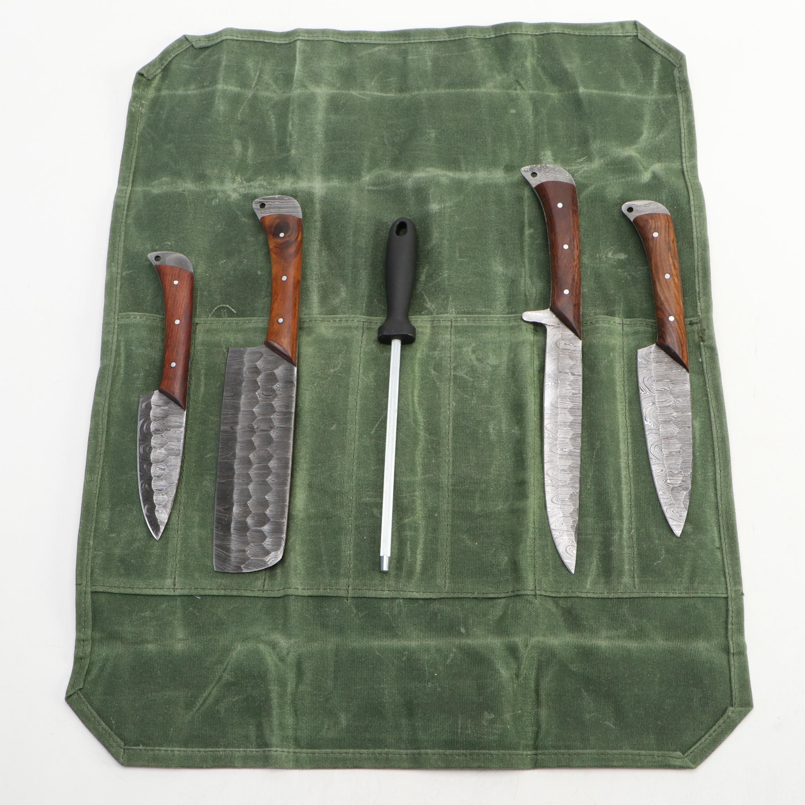 Damascus Steel and Wooden Handled Chef'f Knife Set in Canvas Roll
