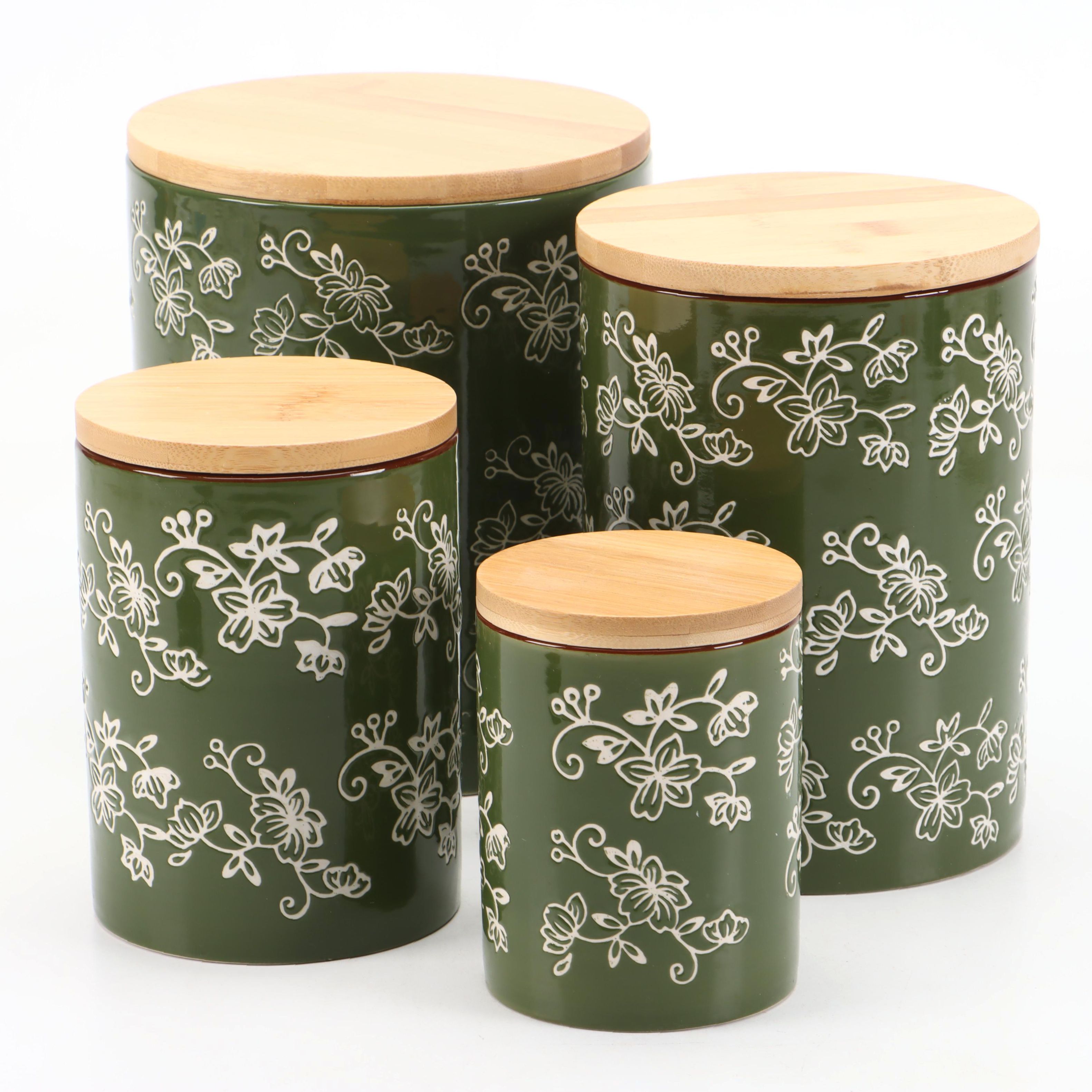 Temptations by Tara "Floral Lace" Ceramic Canisters with Bamboo Lids
