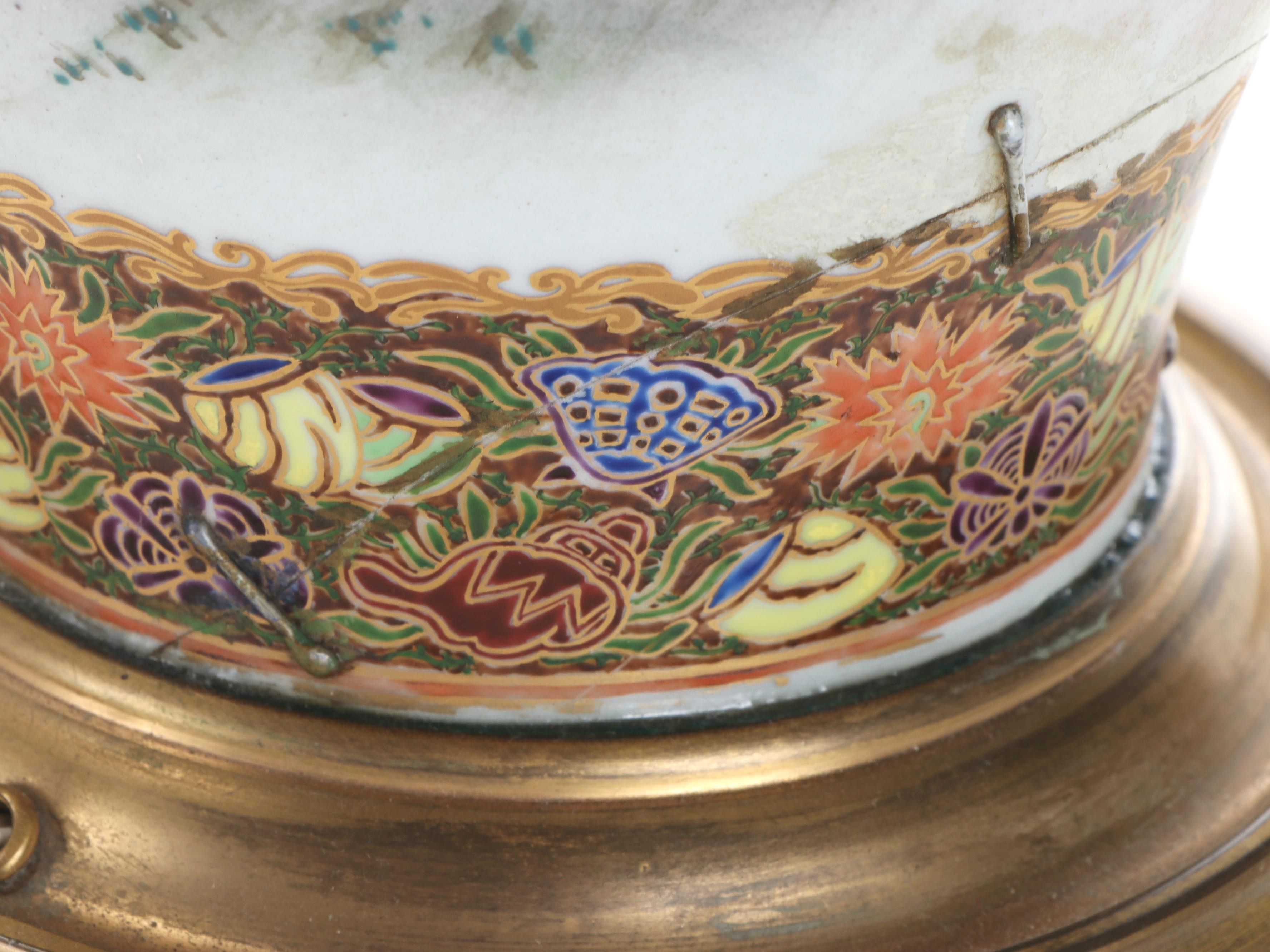 Japanese Satsuma Porcelain Vase Lamps with Scenes From Folk Tales