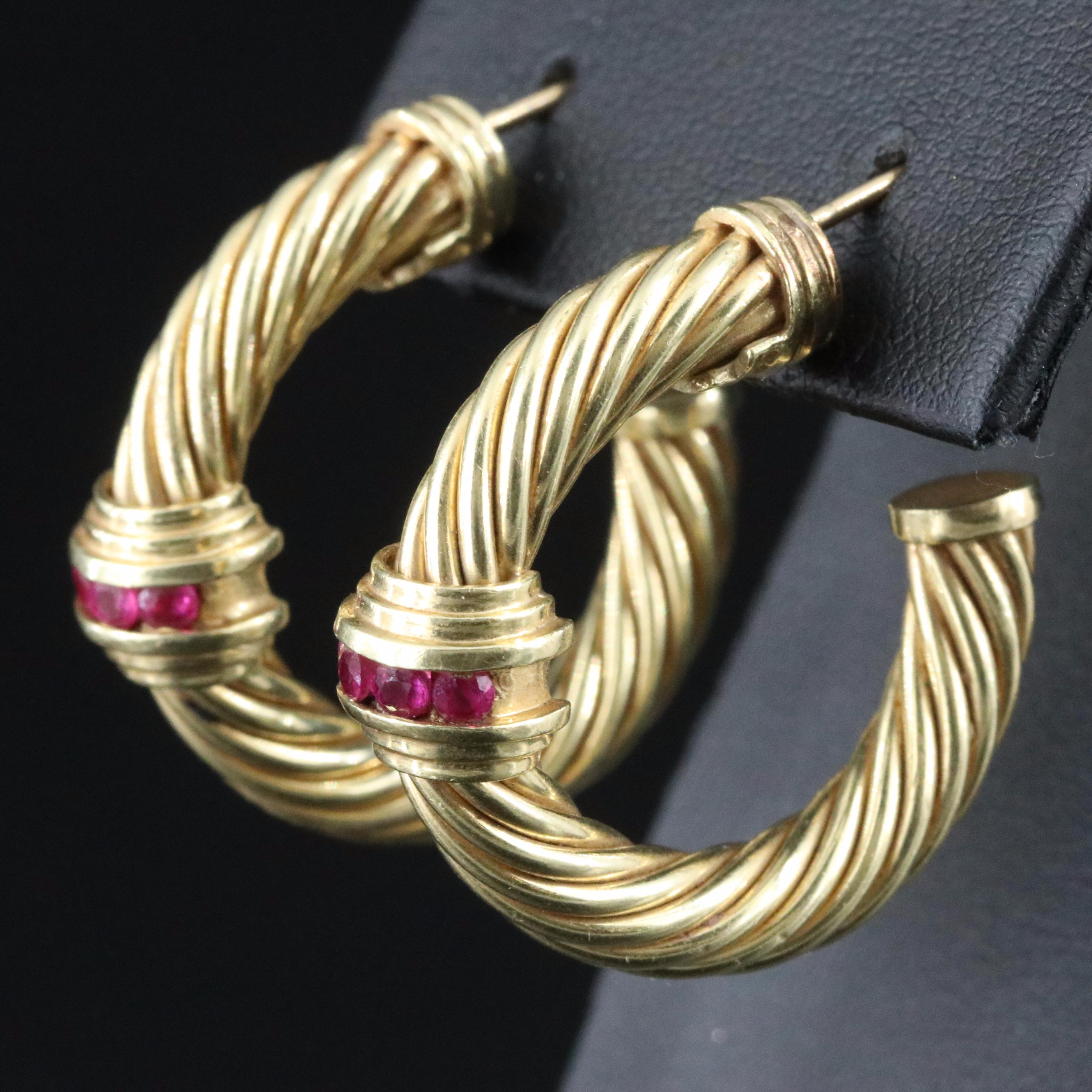 David Yurman 14K Ruby Sculpted Cable Hoop Earrings