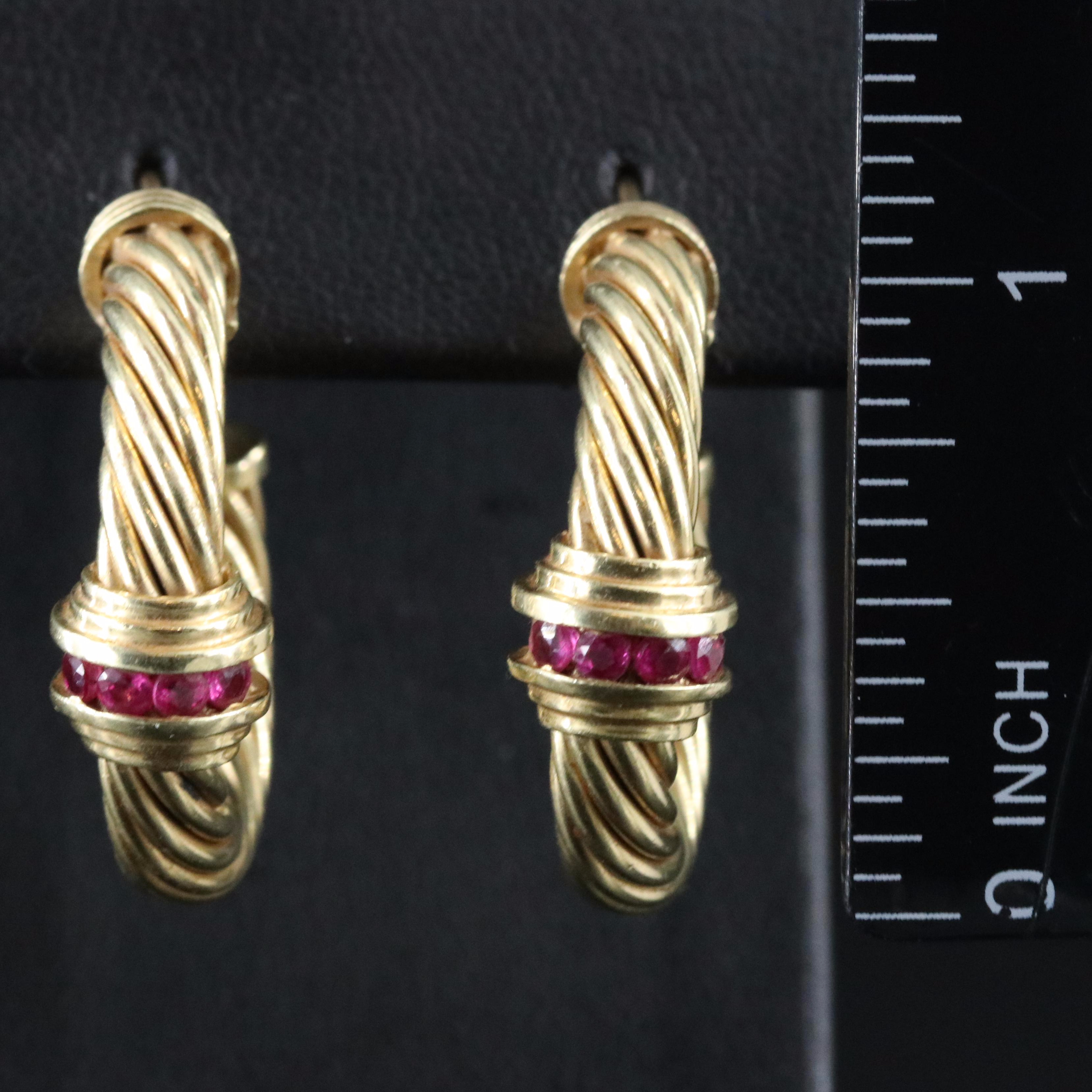 David Yurman 14K Ruby Sculpted Cable Hoop Earrings