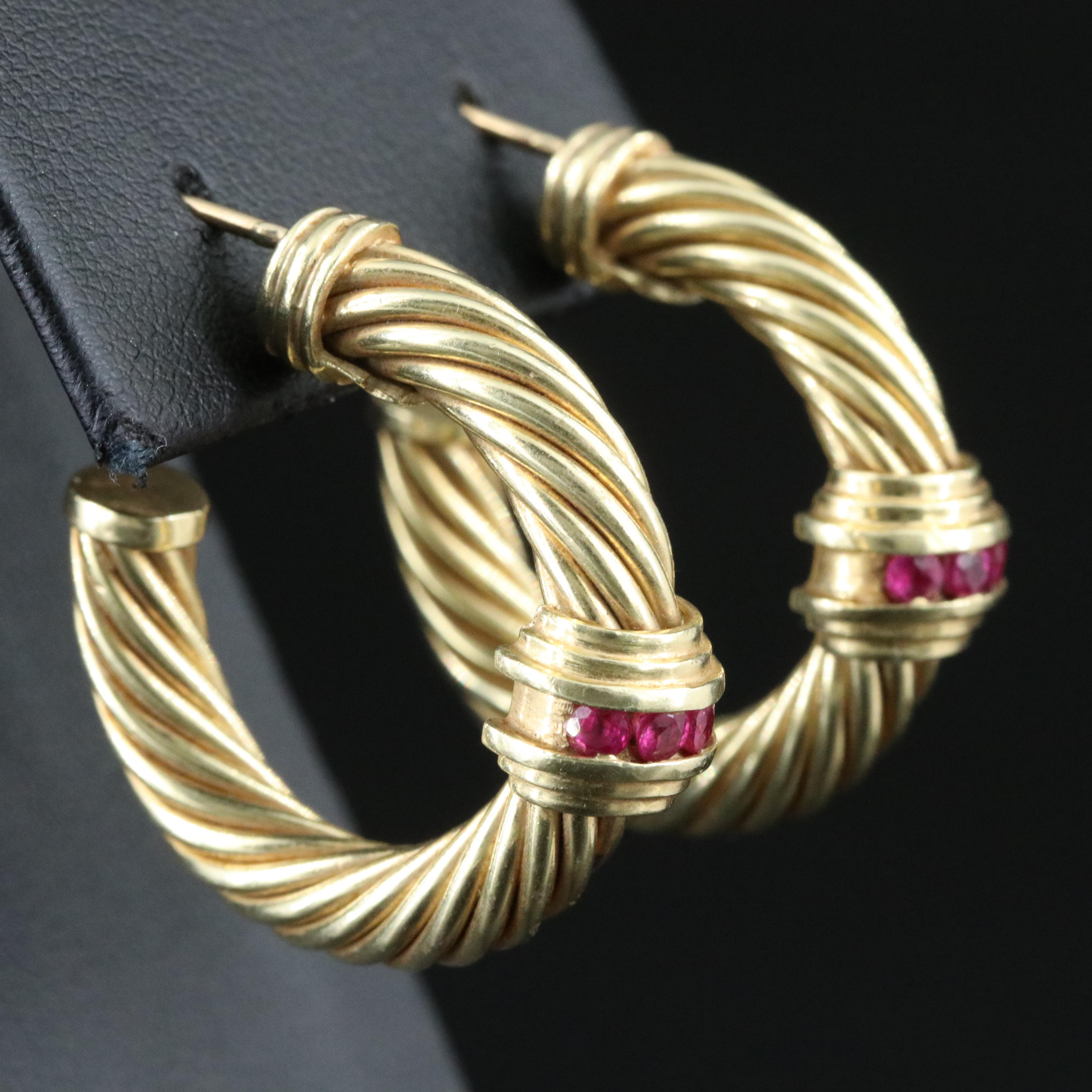 David Yurman 14K Ruby Sculpted Cable Hoop Earrings