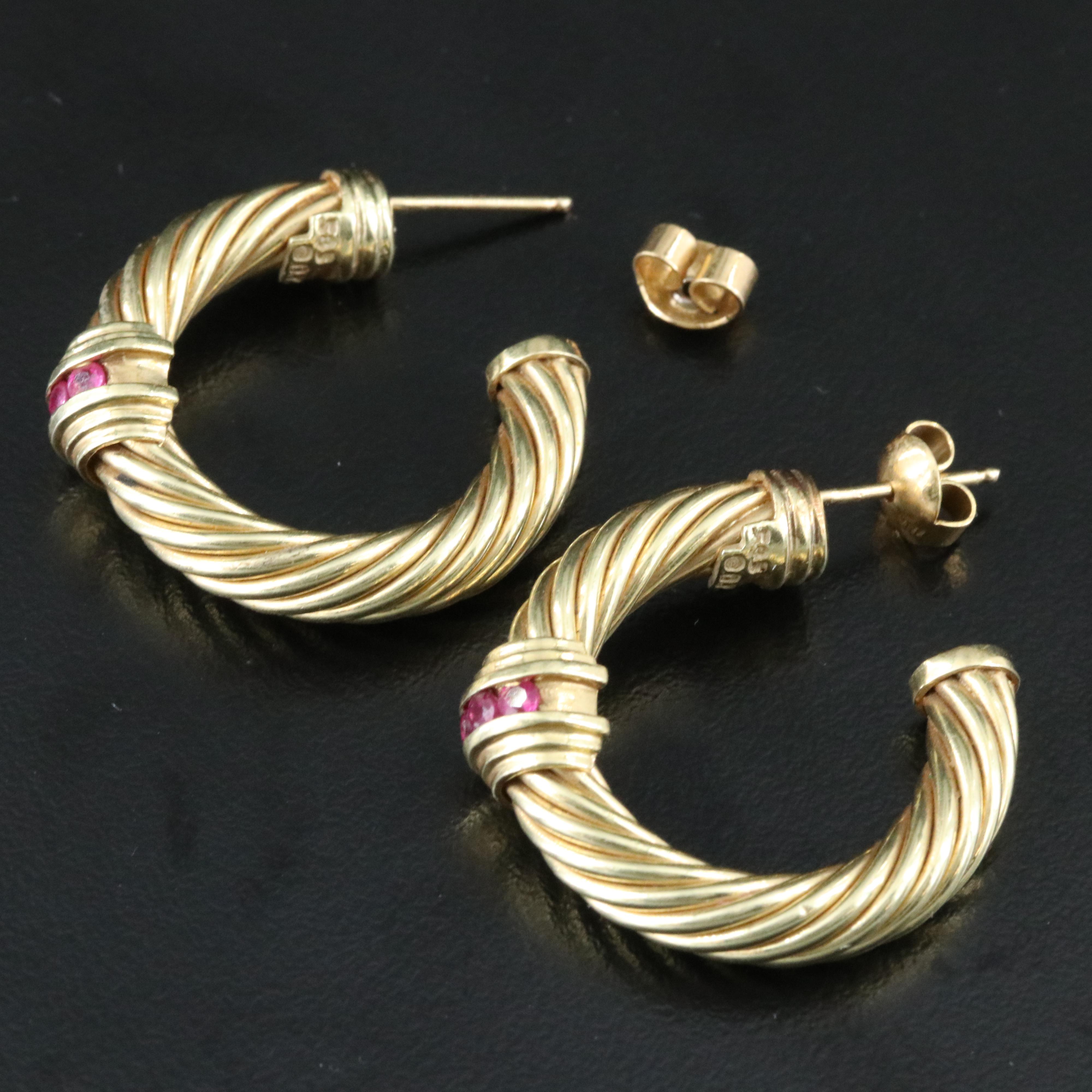 David Yurman 14K Ruby Sculpted Cable Hoop Earrings
