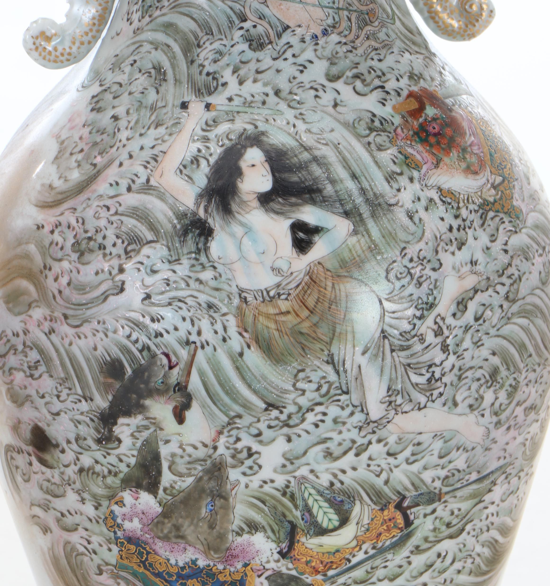 Japanese Satsuma Porcelain Vase Lamps with Scenes From Folk Tales