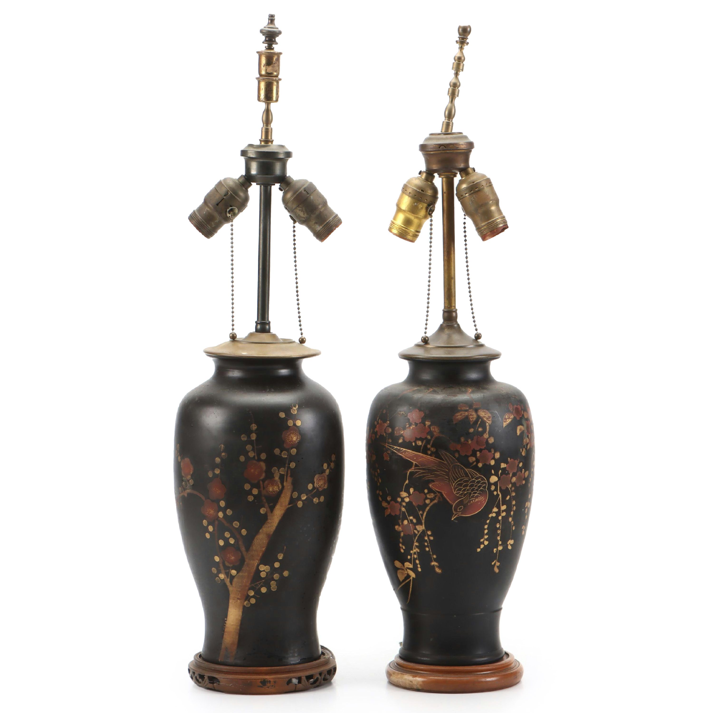 Japanese Hand-Painted Ceramic and Metal Table Lamps, Mid-20th Century