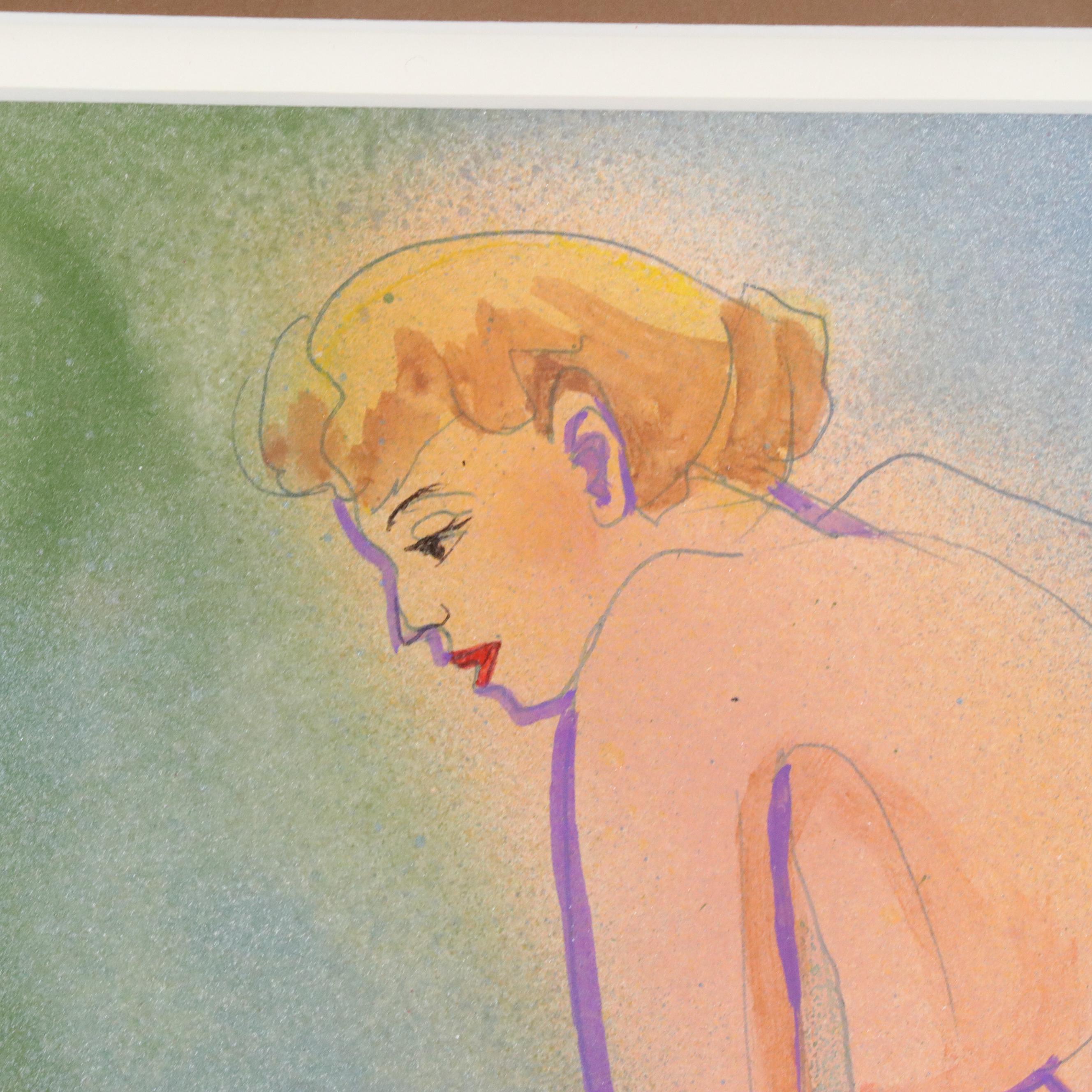 Don Vogl Mixed Media Painting of Nude Figure, 1985