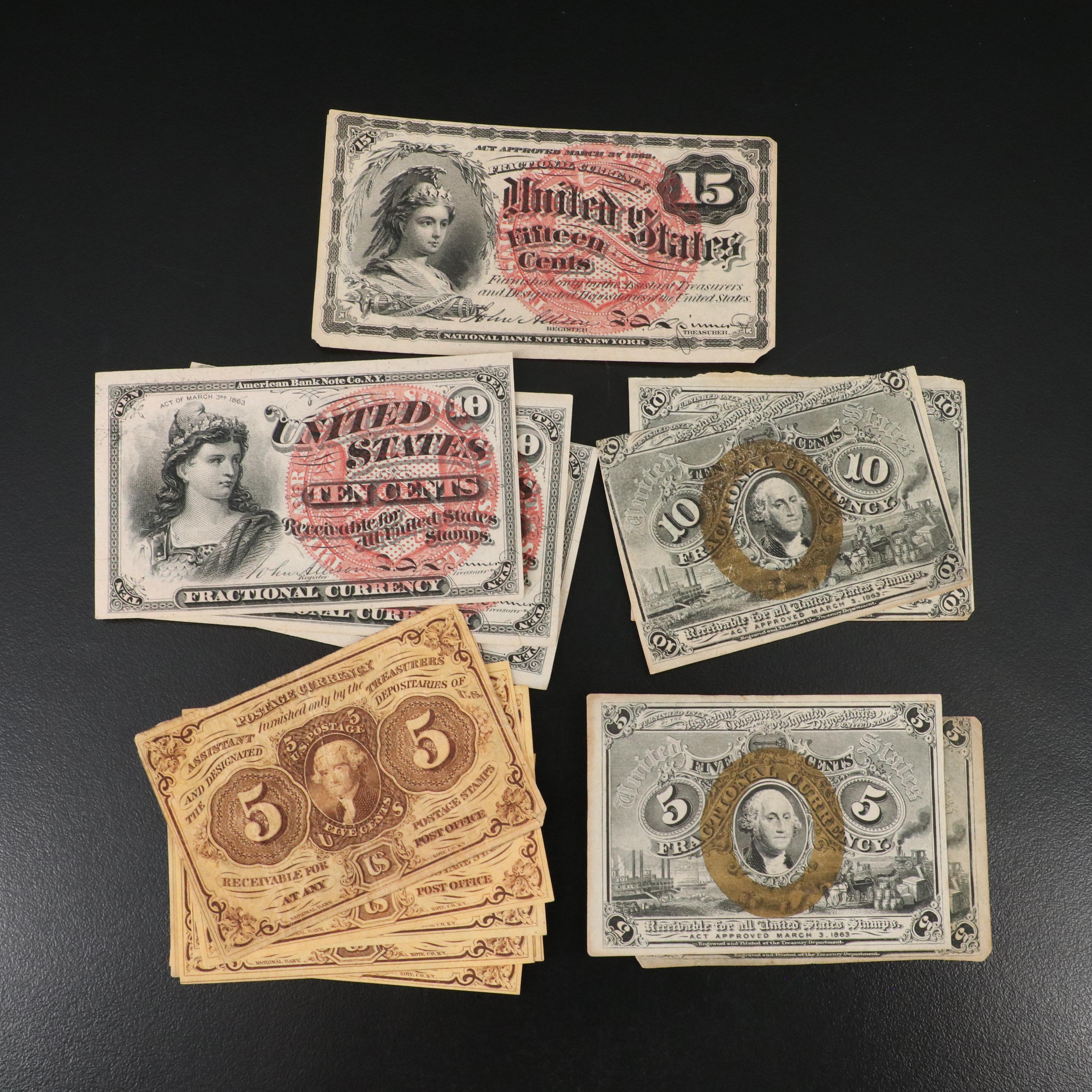 Fifteen Pieces of Higher Grade U.S. Fractional Currency Notes, 1860s-1870s