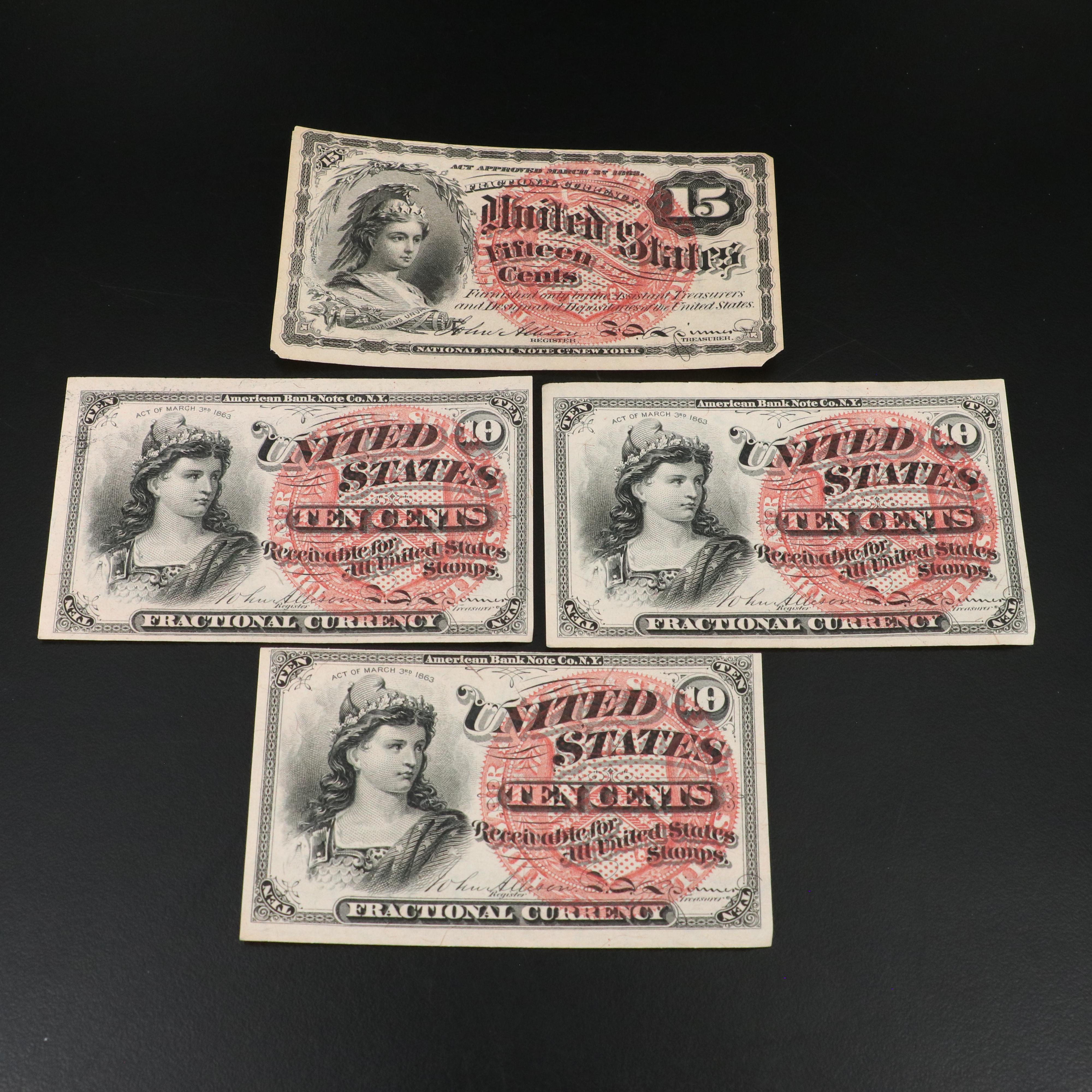 Fifteen Pieces of Higher Grade U.S. Fractional Currency Notes, 1860s-1870s