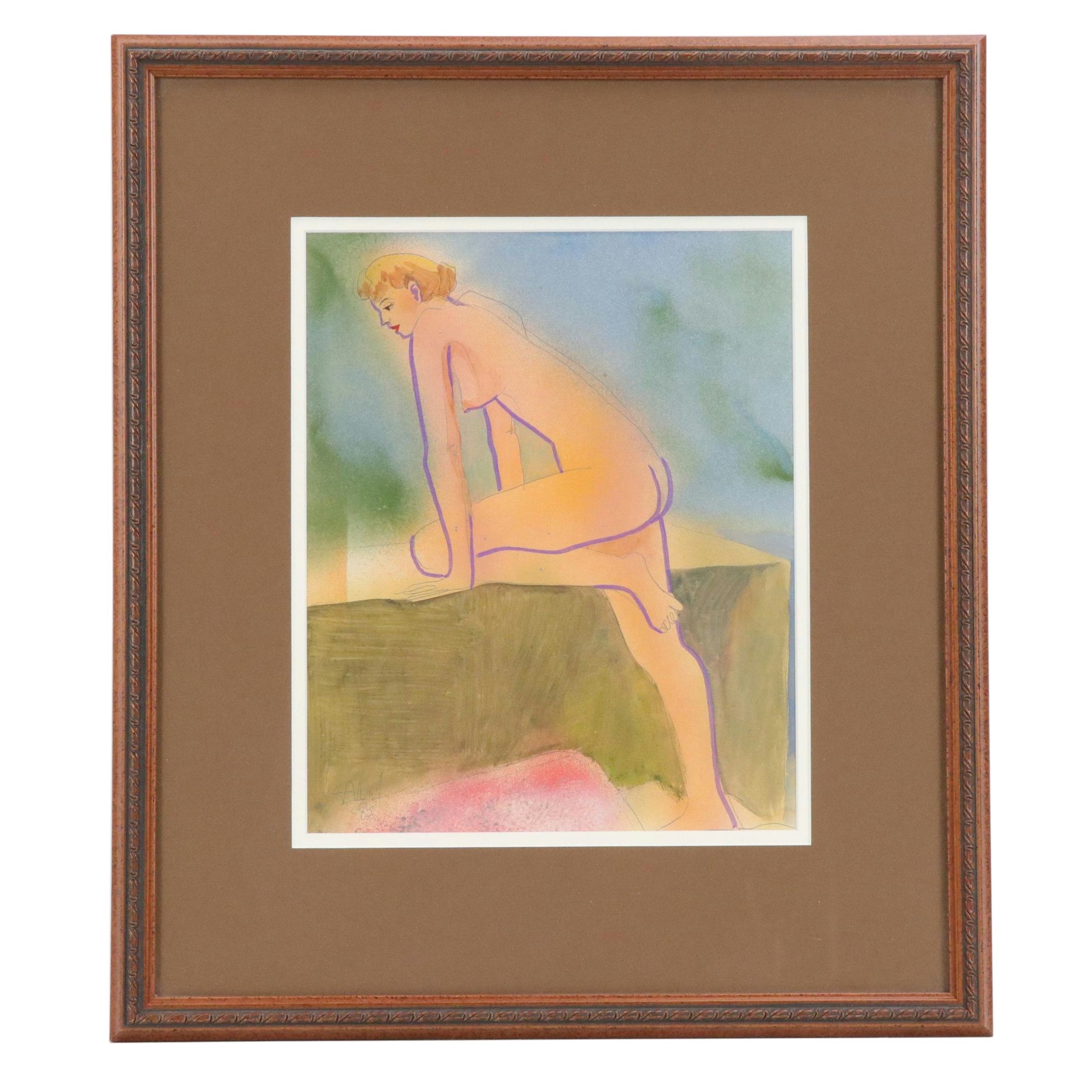Don Vogl Mixed Media Painting of Nude Figure, 1985