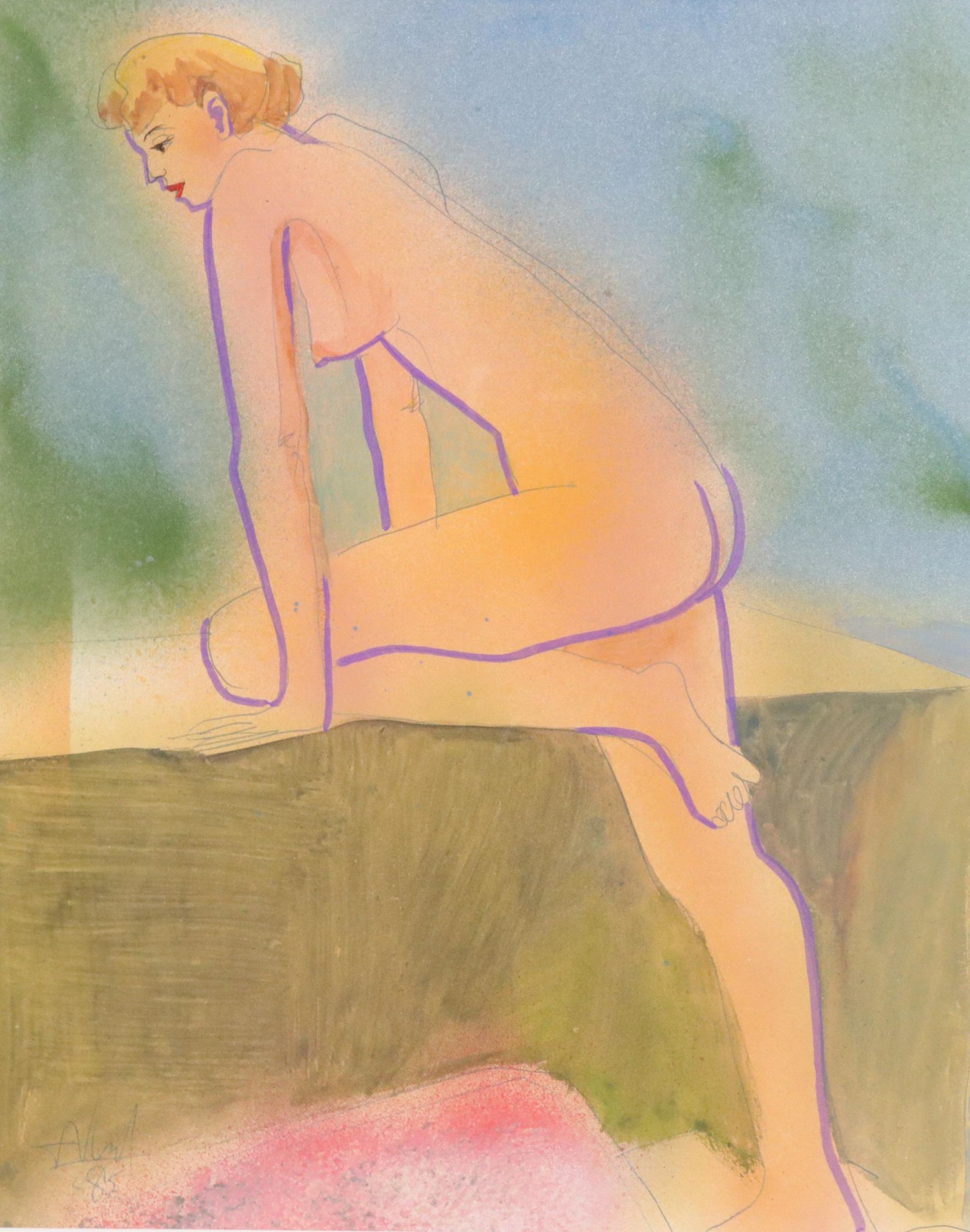 Don Vogl Mixed Media Painting of Nude Figure, 1985