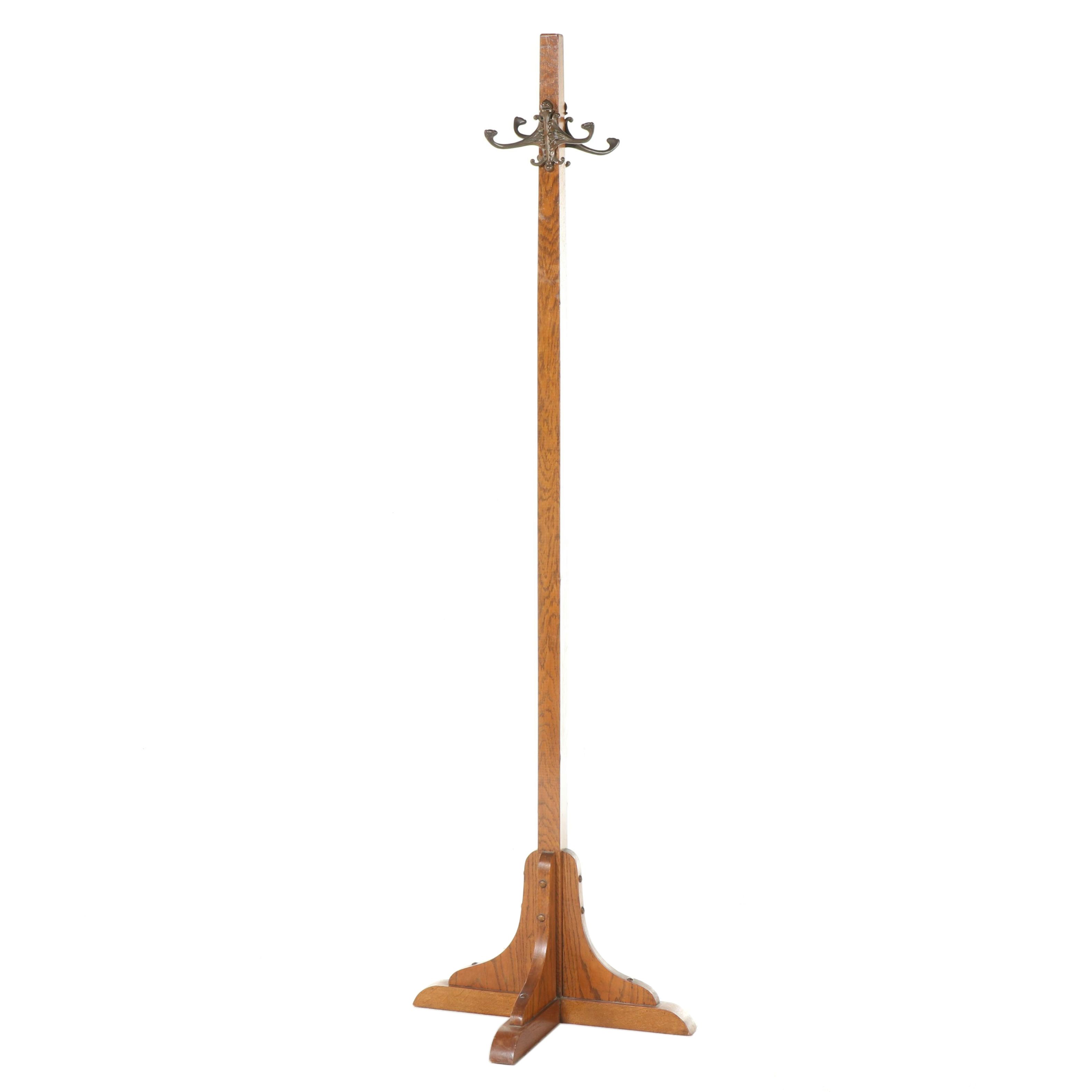 American Quartersawn Oak Cross-Base Hall Tree, Early 20th Century
