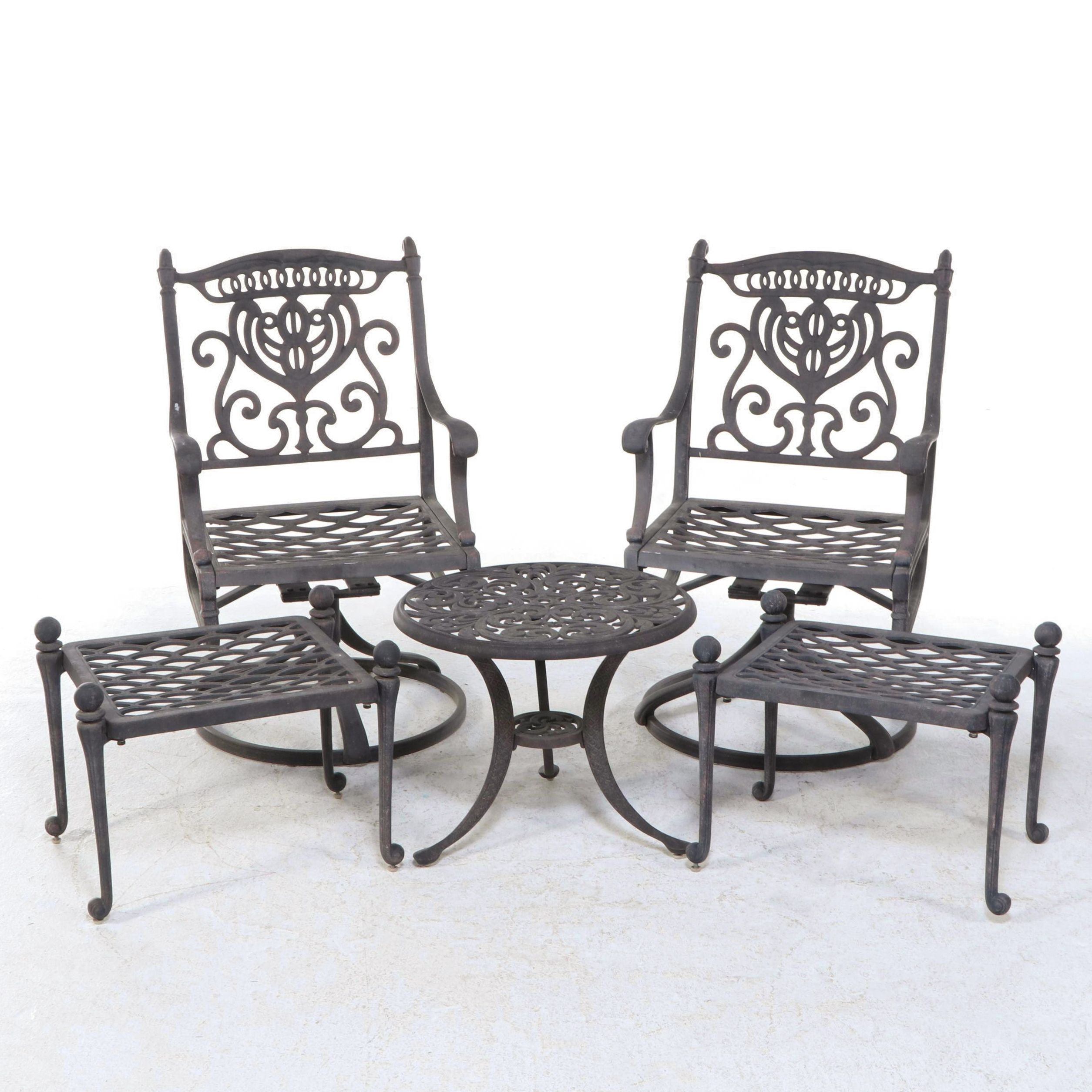 Hanamint "Grand Tuscany" Cast Aluminum Swivel Rockers, Ottomans and Accent Table