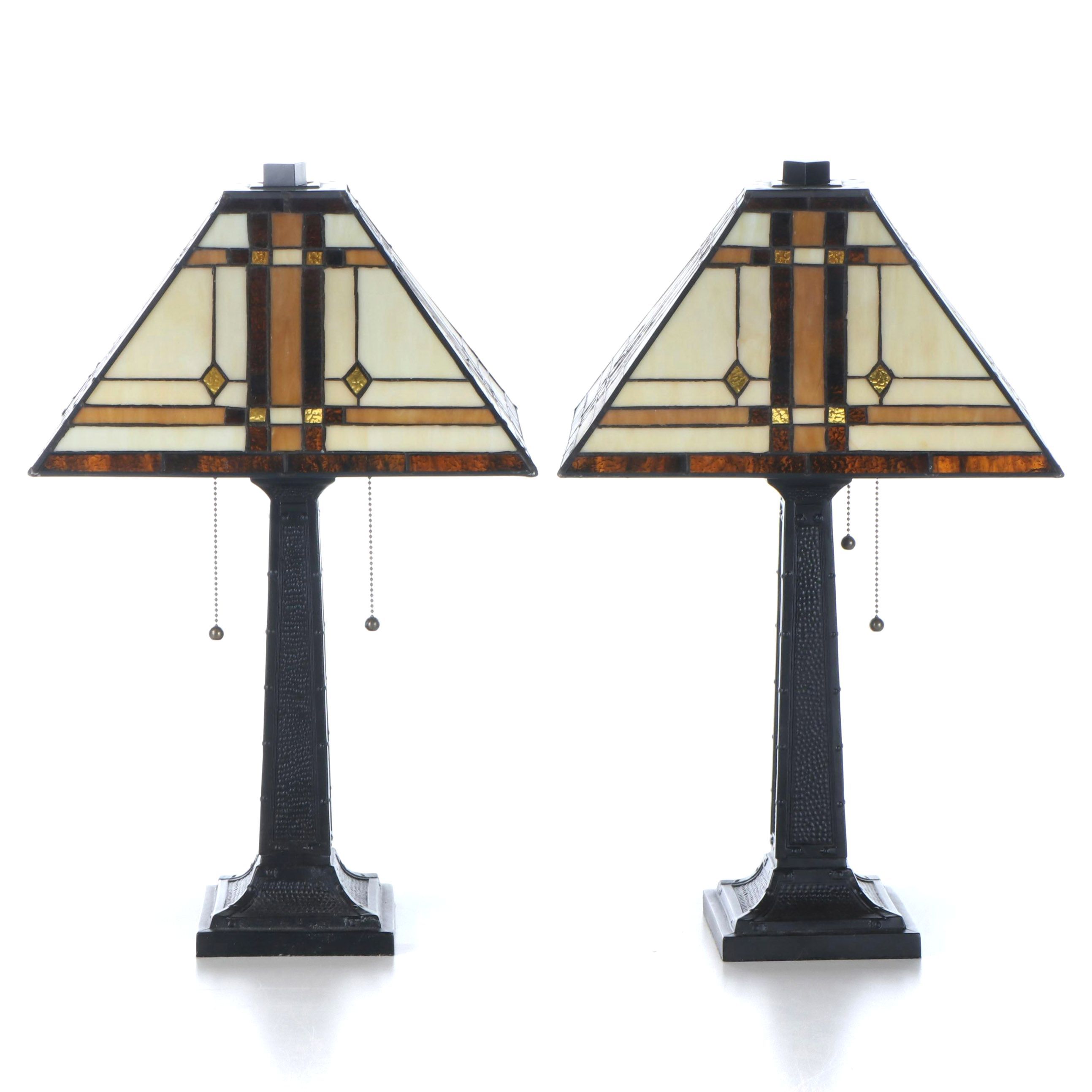 Lavish Home Mission Style Metal Table Lamps with Slag Glass Tapered Shades