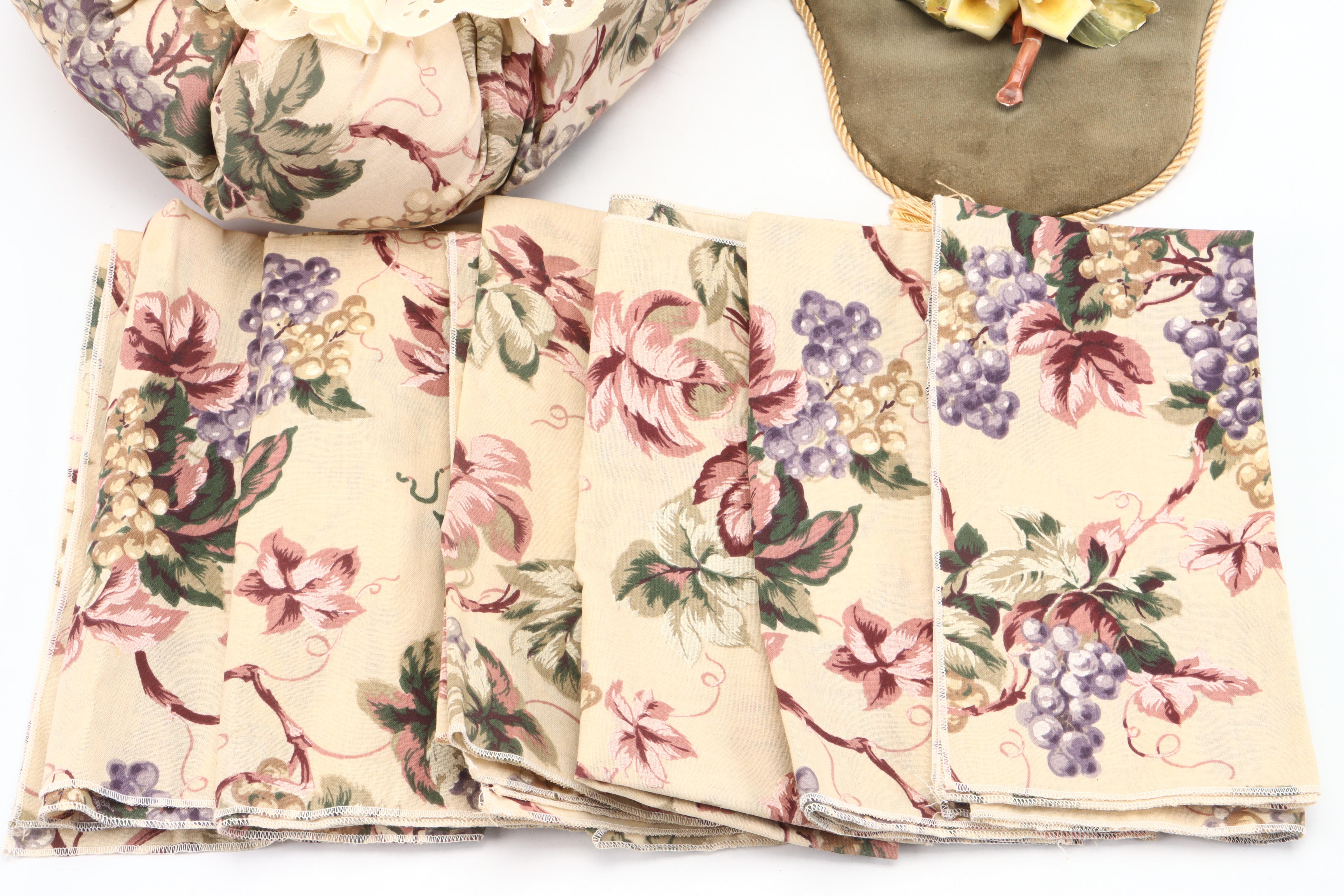 Fabric Basket and Napkins with Velvet-Mounted Ceramic Flowers Wall Hanging