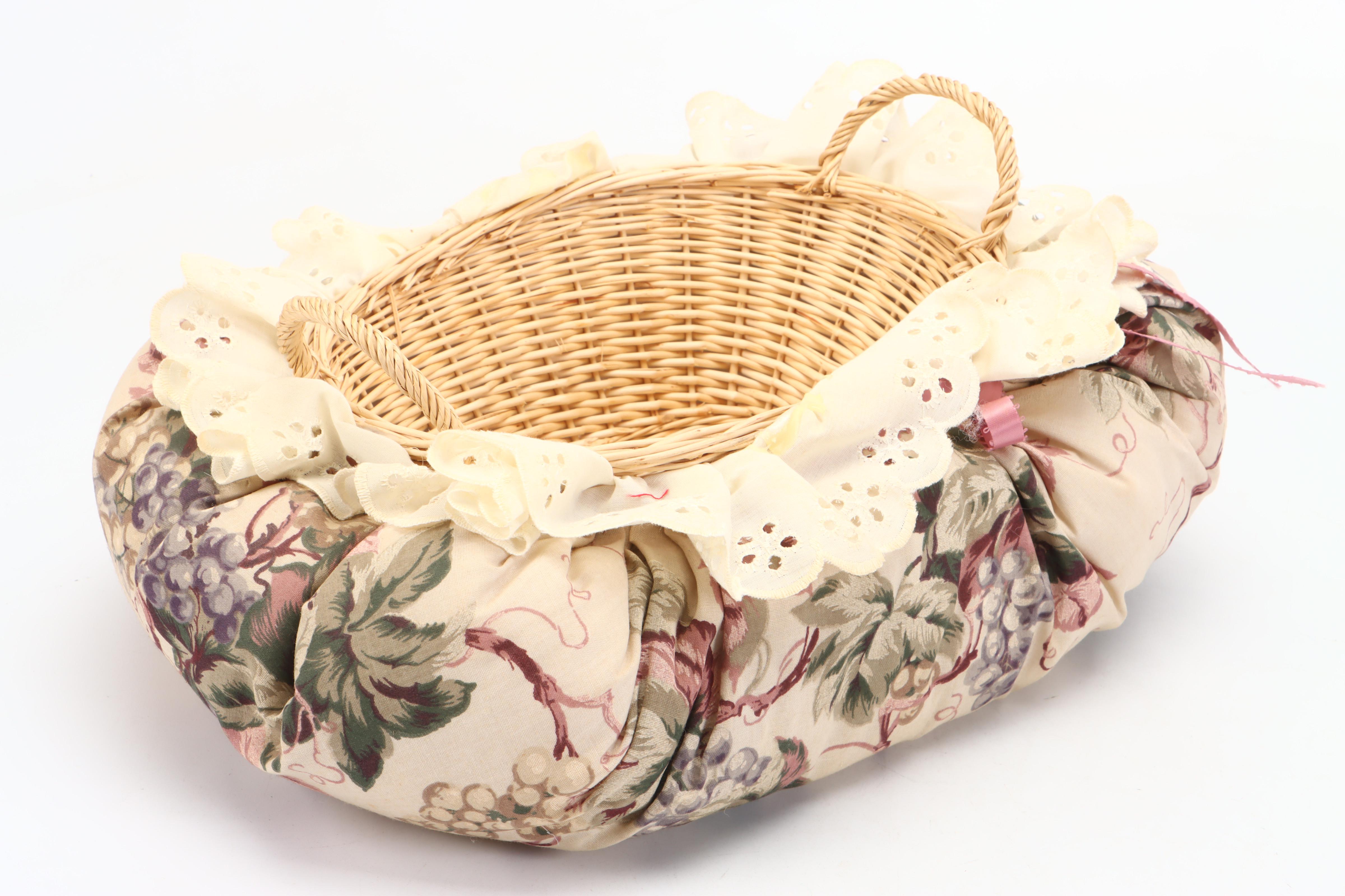 Fabric Basket and Napkins with Velvet-Mounted Ceramic Flowers Wall Hanging